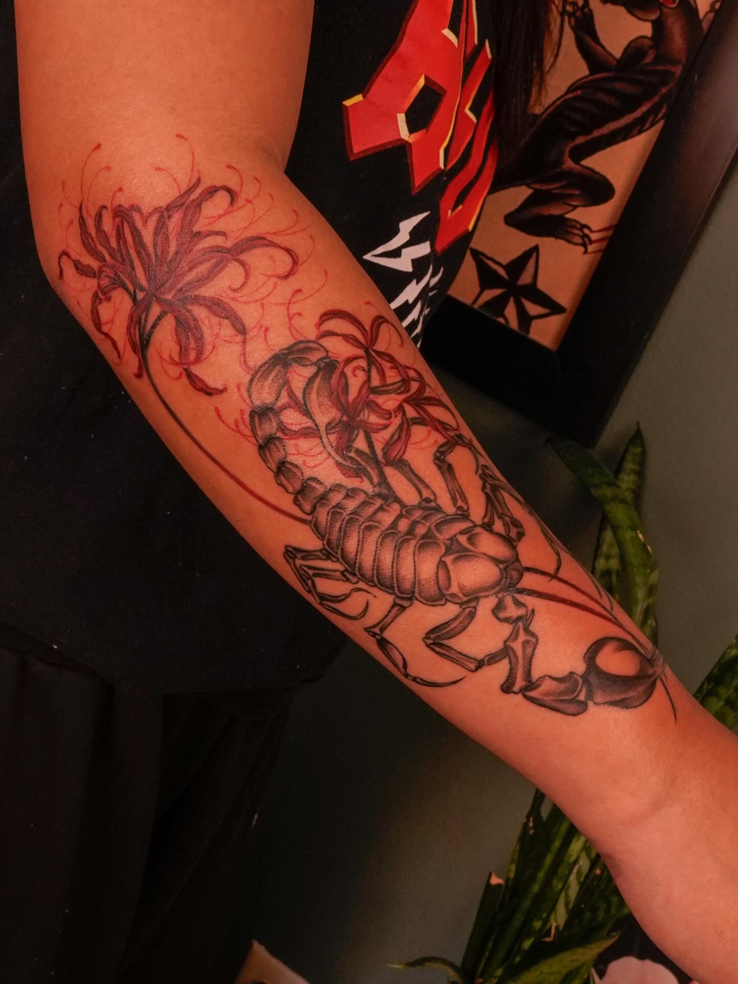Scorpion black and grey tattoo on the forearm by Nicki Yến
