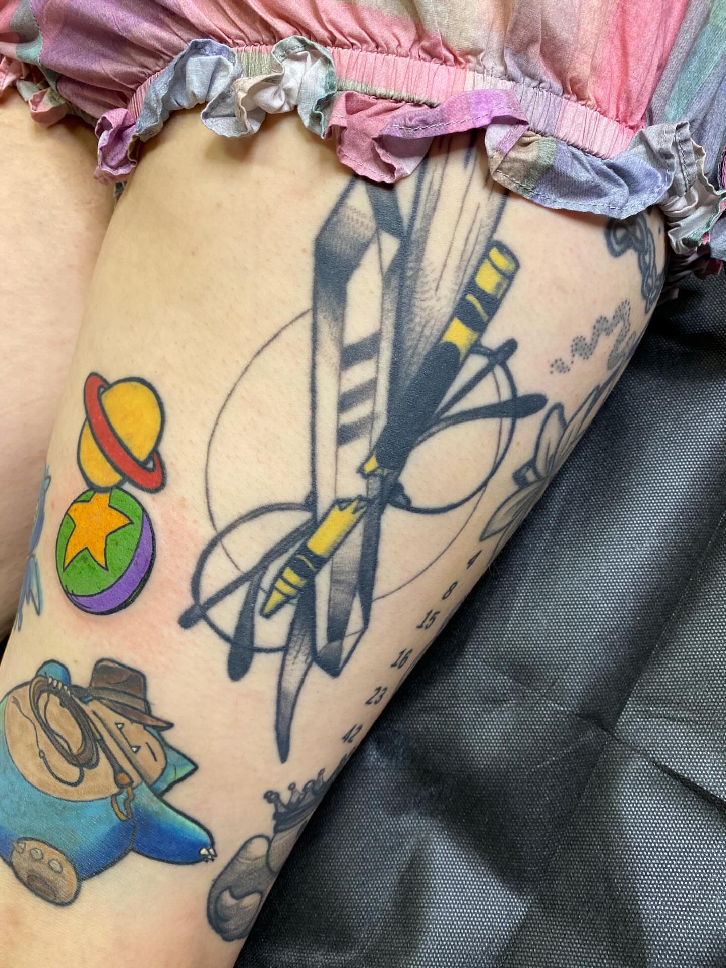 Samurai swords neo-traditional tattoo on the thigh by @kaitlin.tattoos, Richmond, Virginia