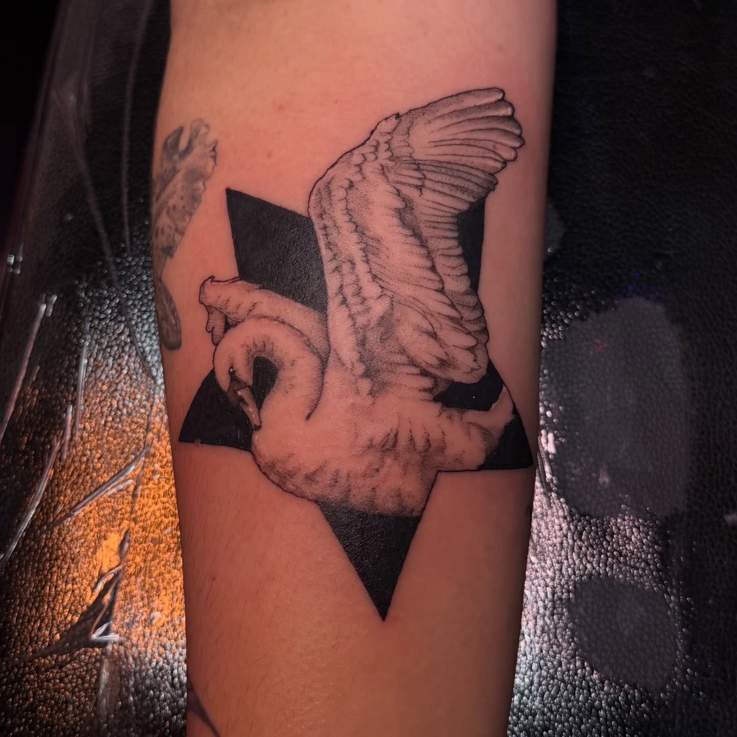 Swan geometric tattoo on the forearm by ✧Lee Ortiz