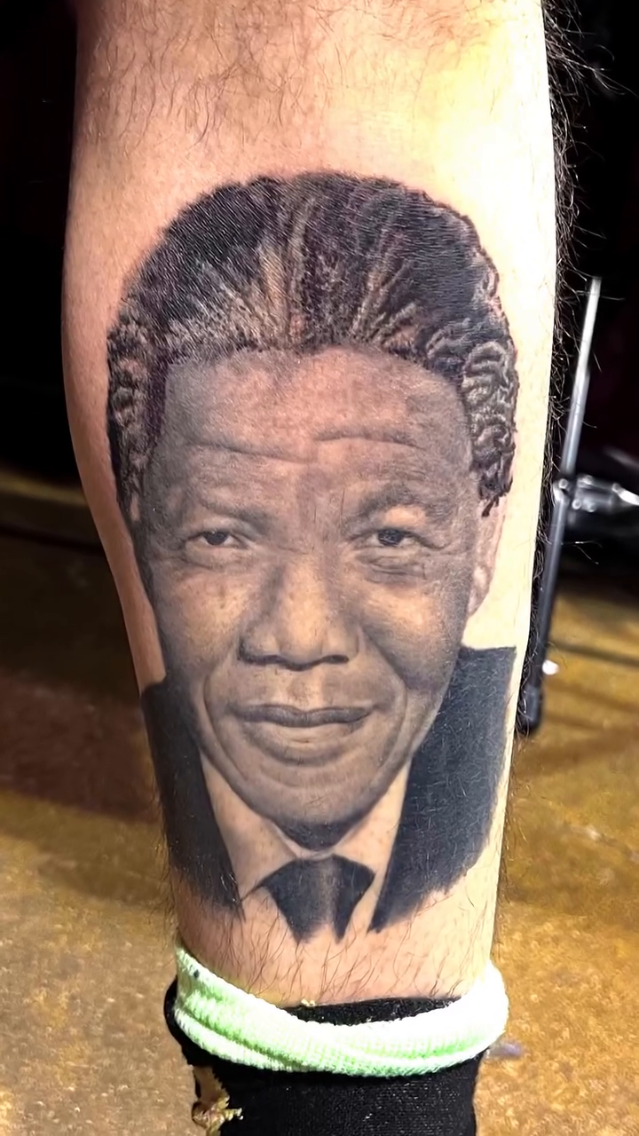 Nelson Mandela portrait realism tattoo by Remko