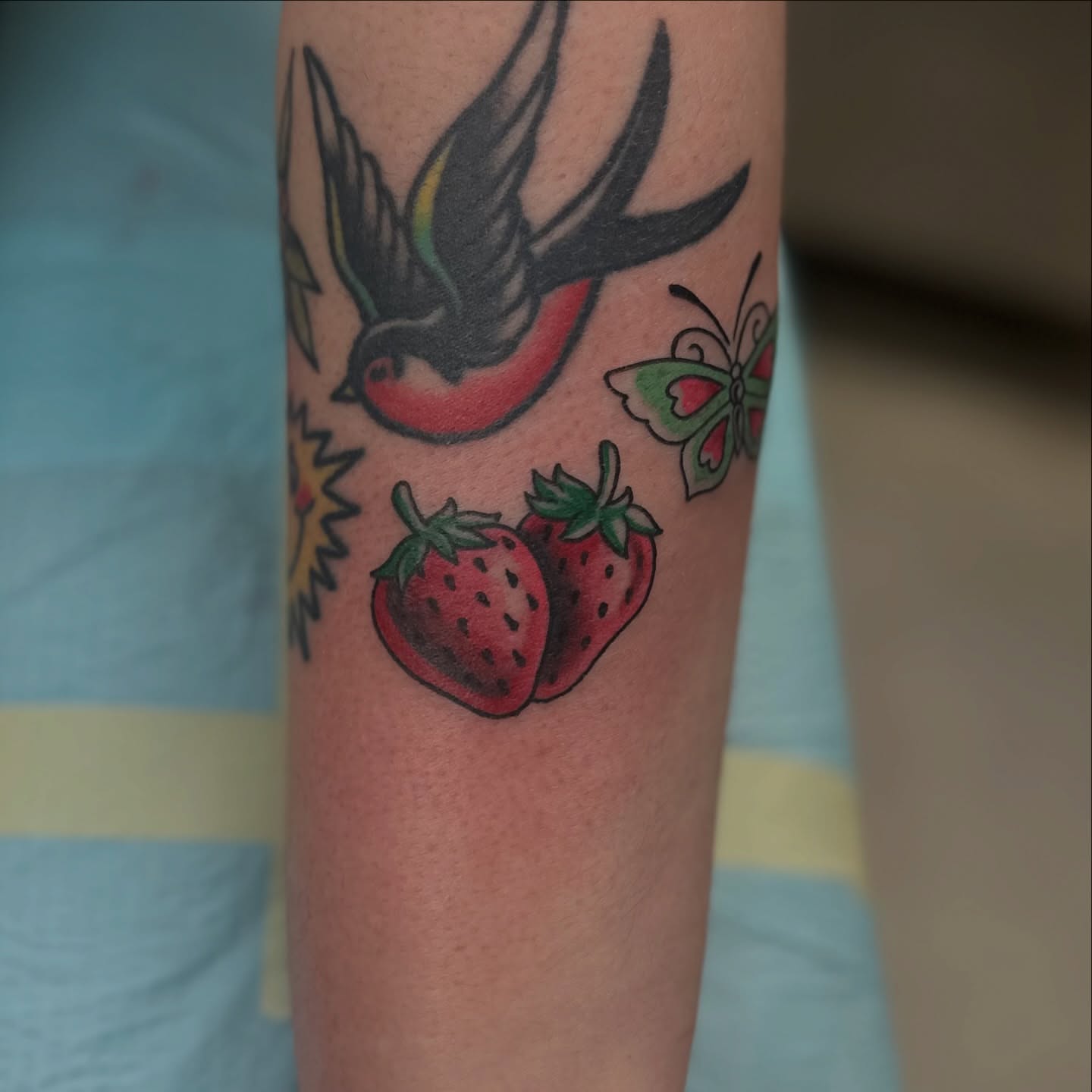 Bird, strawberries, butterfly American traditional tattoo on the forearm by Savy Rasor, Austin, Texas