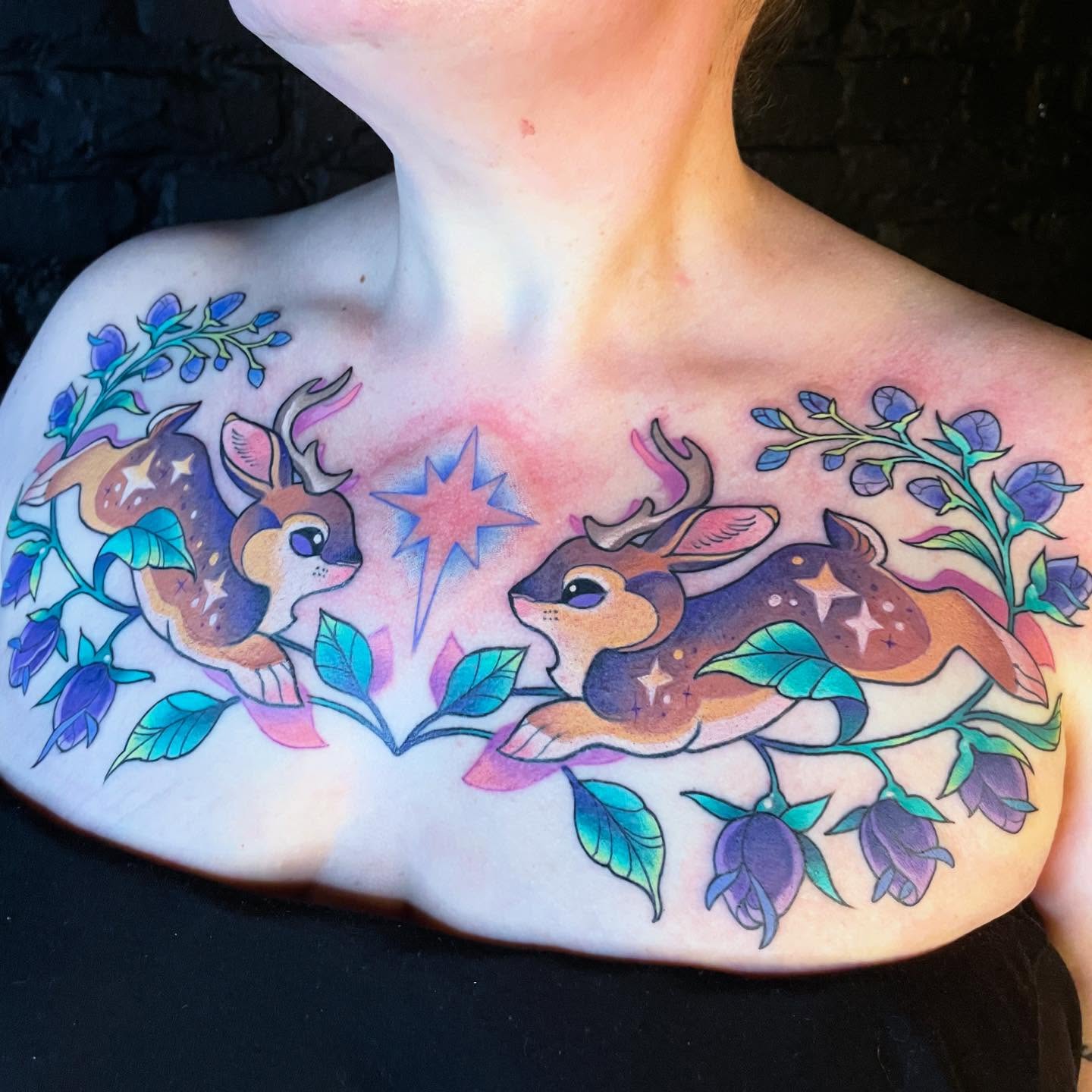 Deer and flowers new school tattoo on the chest by ππΈππππ π΅ππππππ