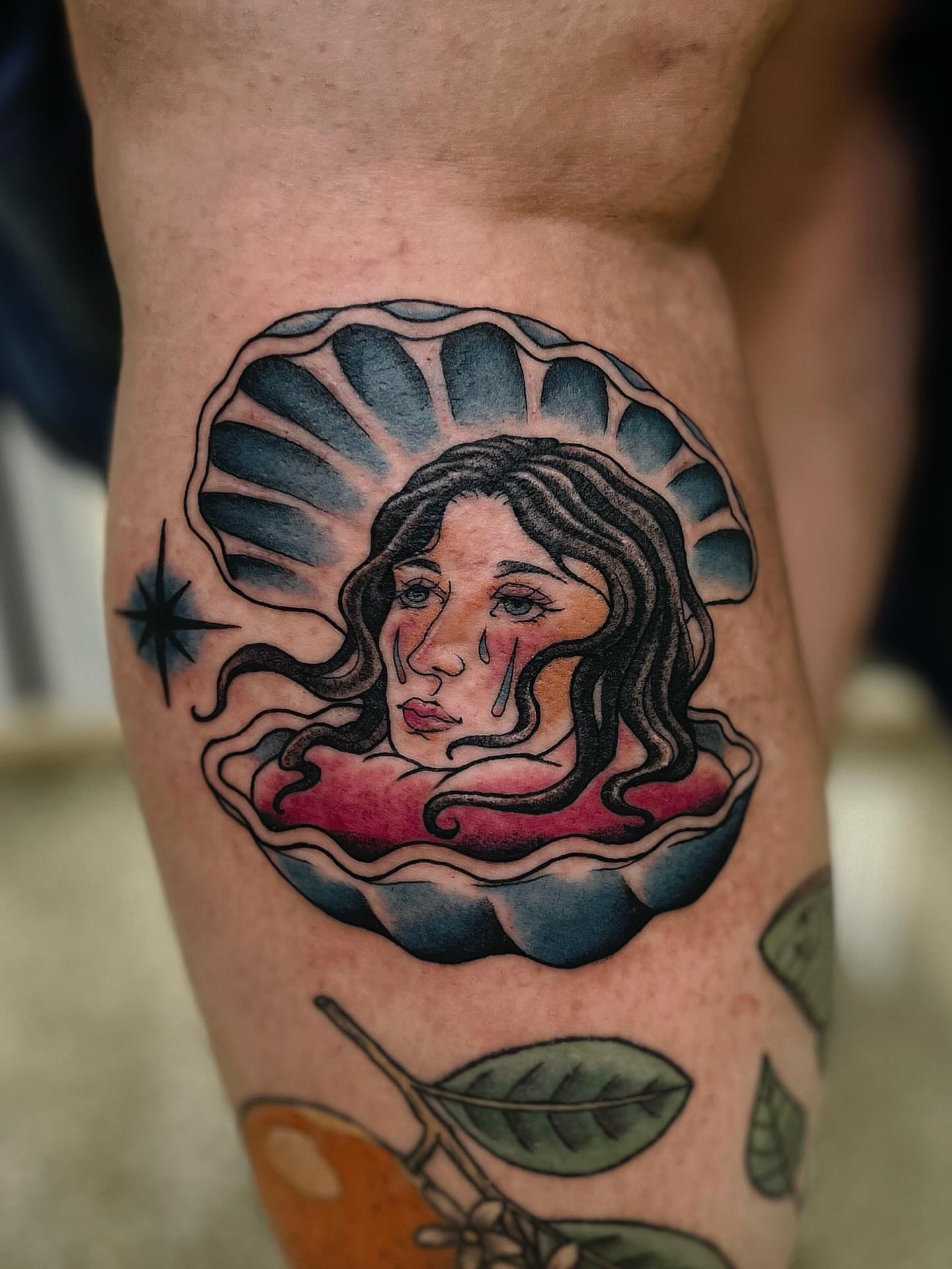 Woman crying American traditional tattoo on the thigh by β
πΈππππ β