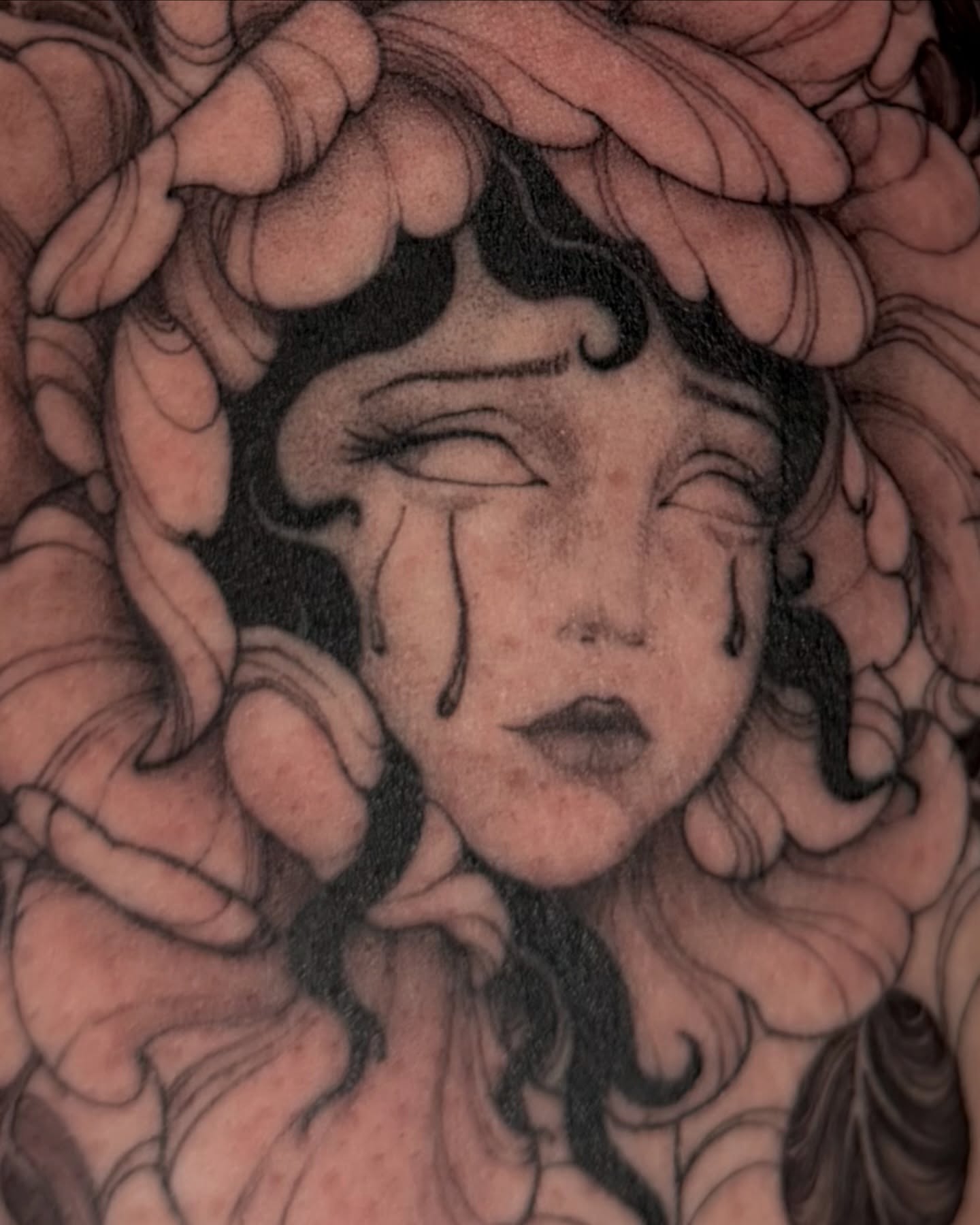 Woman's face black and grey tattoo by Sab