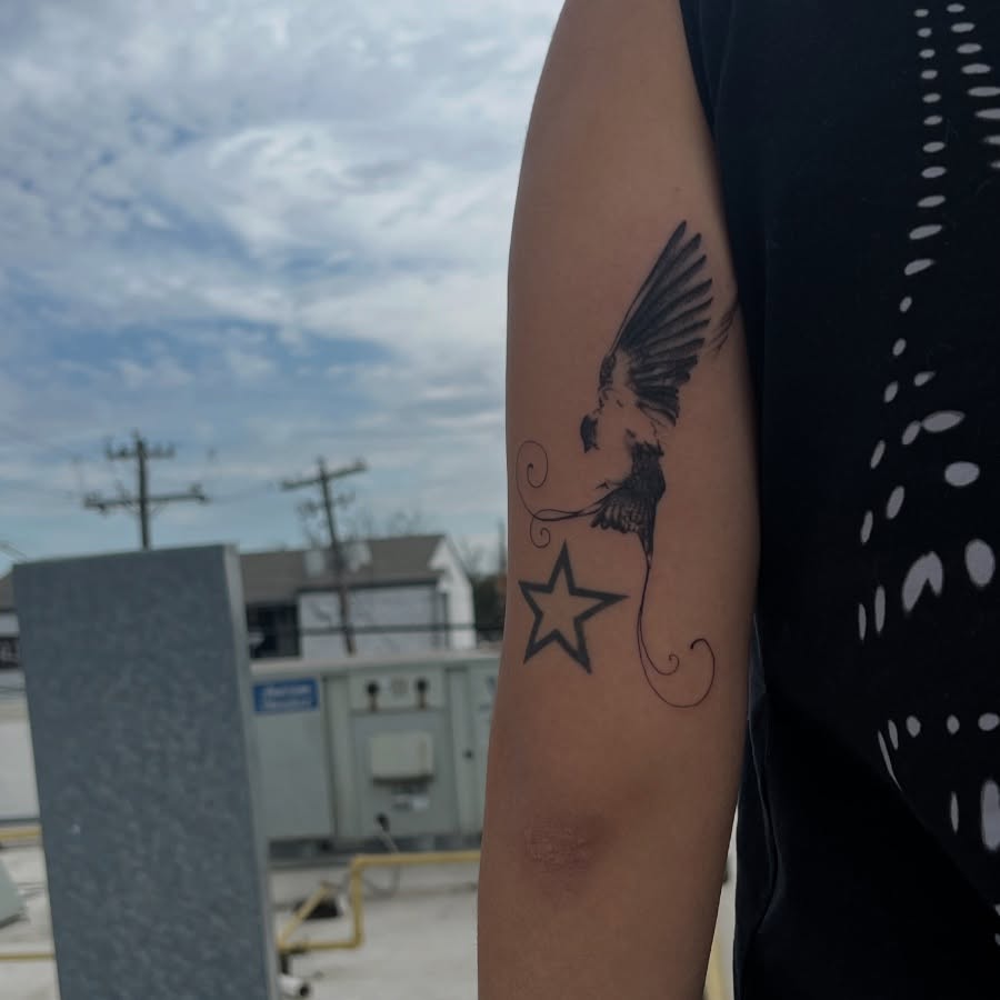 Bird and star black and grey tattoo on the forearm by syiko ☆ 。・:*˚:✧。, Austin, Texas