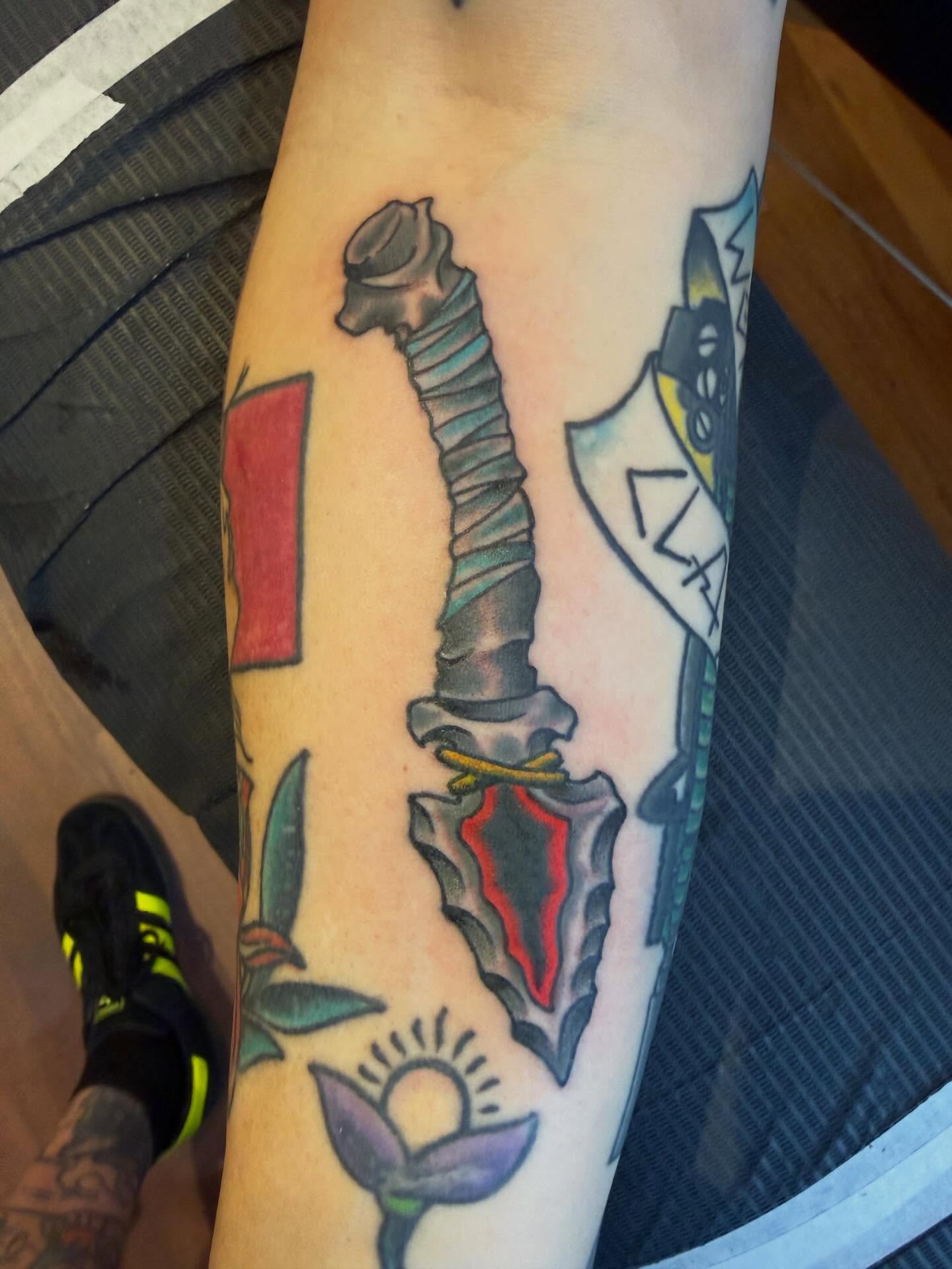 Sword and shield American traditional tattoo on the forearm by Mike Kepper