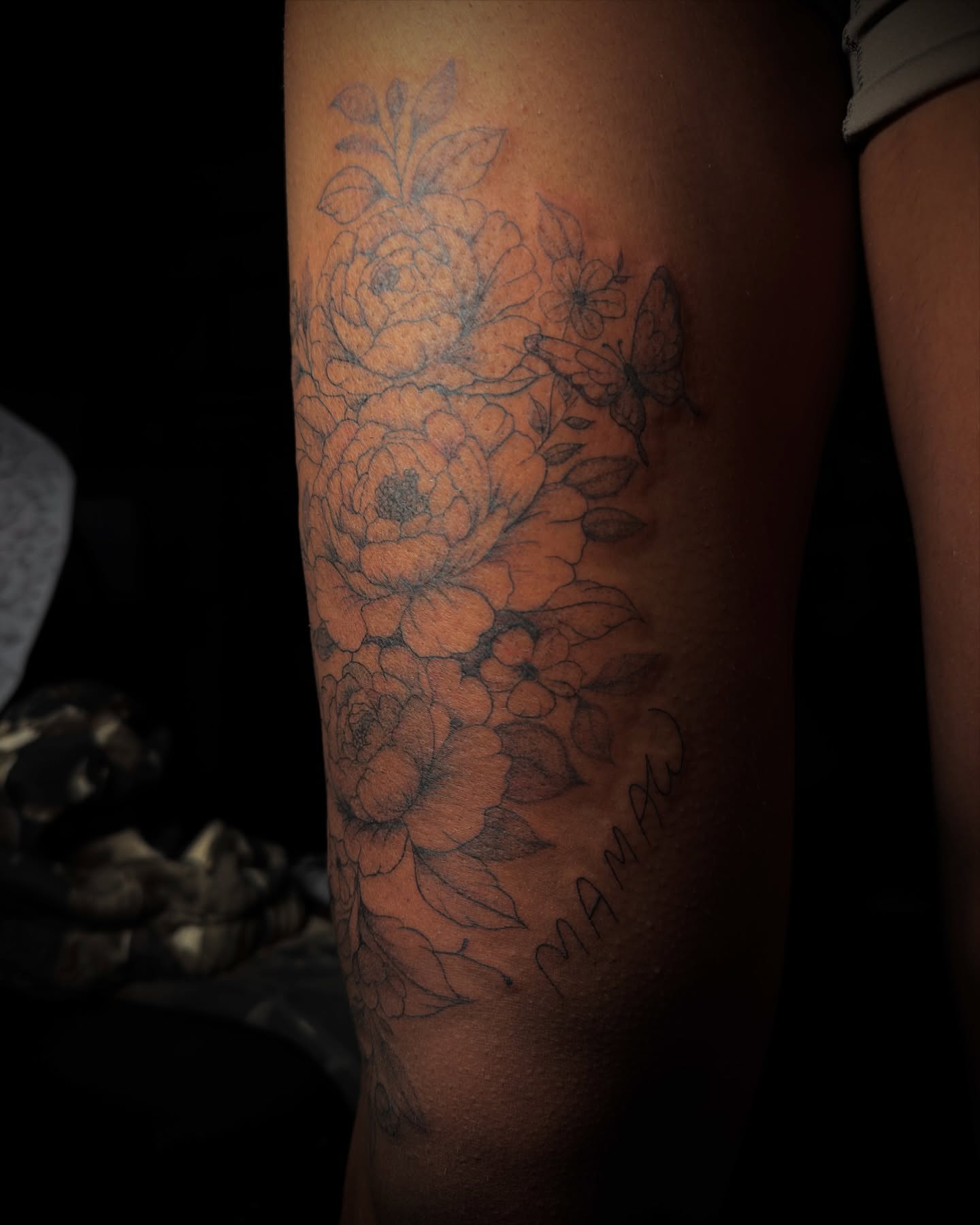 Flowers and butterfly black and grey tattoo on the thigh by ollie b ⋆⟡⋆, Dayton, Ohio