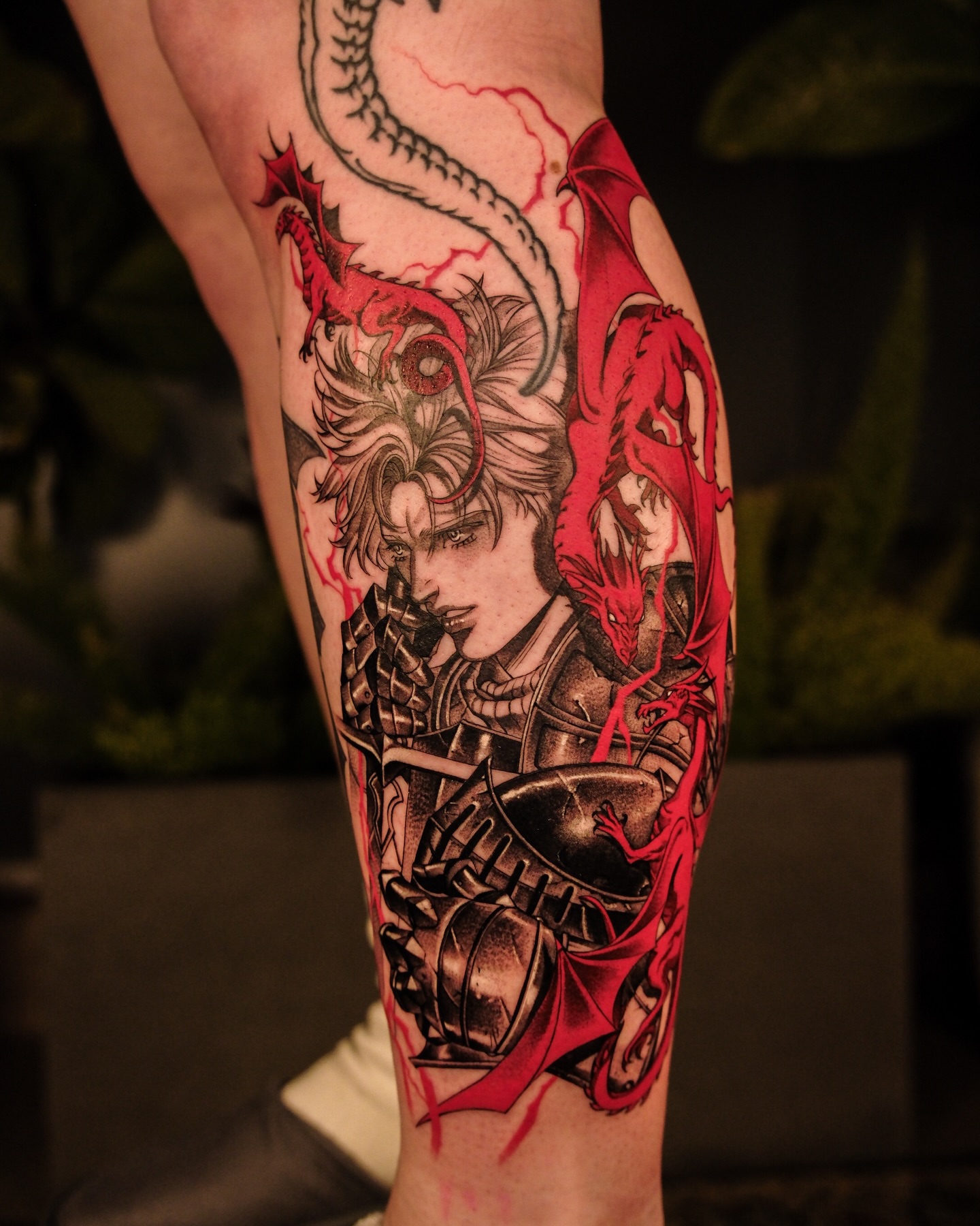 Dragon and knight anime tattoo on the forearm by Hemi 혜미타투
