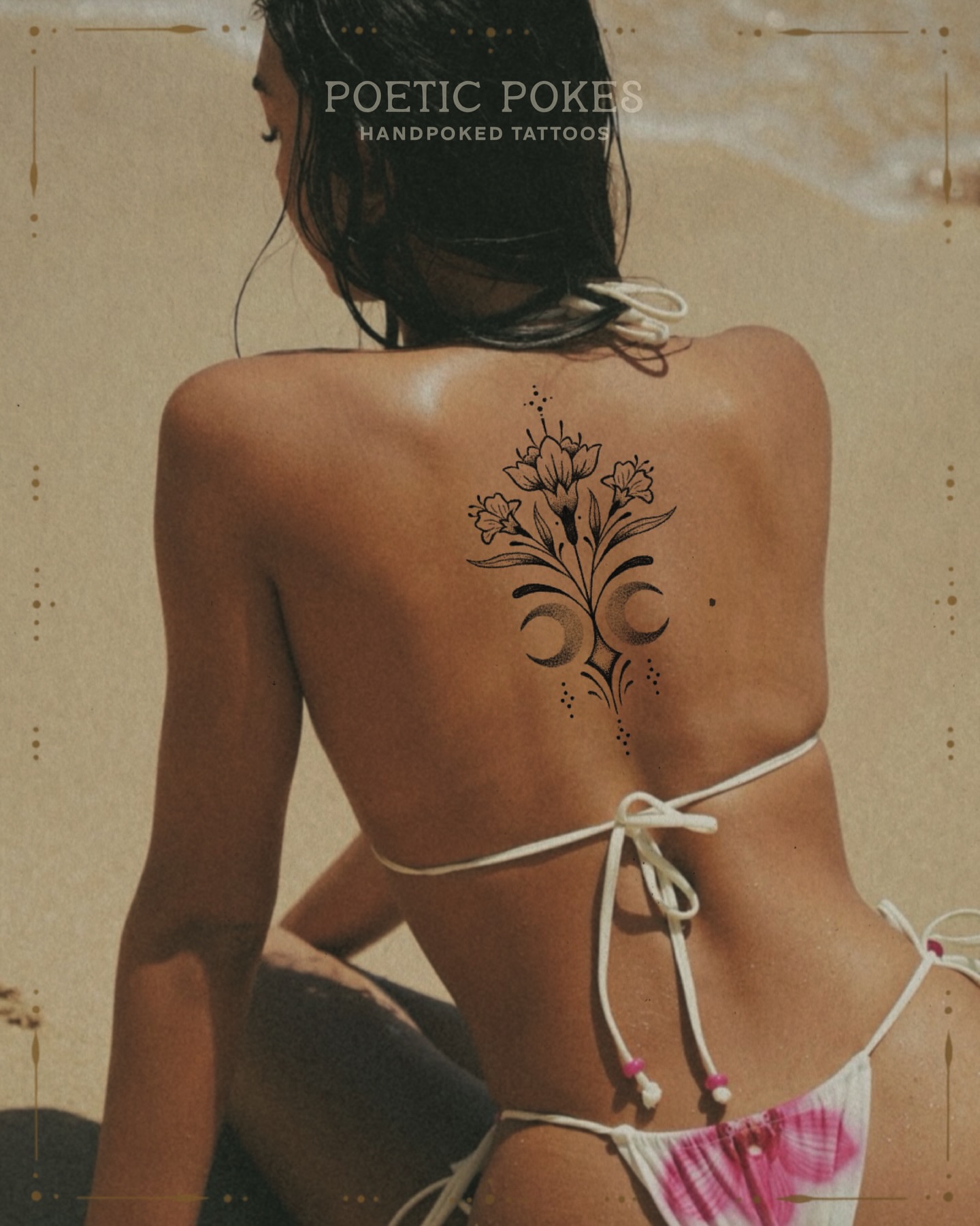 Floral design dotwork tattoo on the back by IVY K ༄ ATX Handpoke Artist