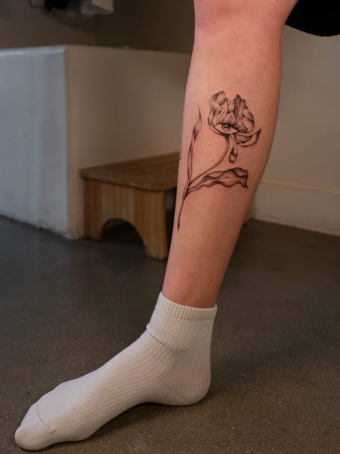 Flower black and grey tattoo on the calf by macie ❥ austin tattoo artist, Austin, Texas