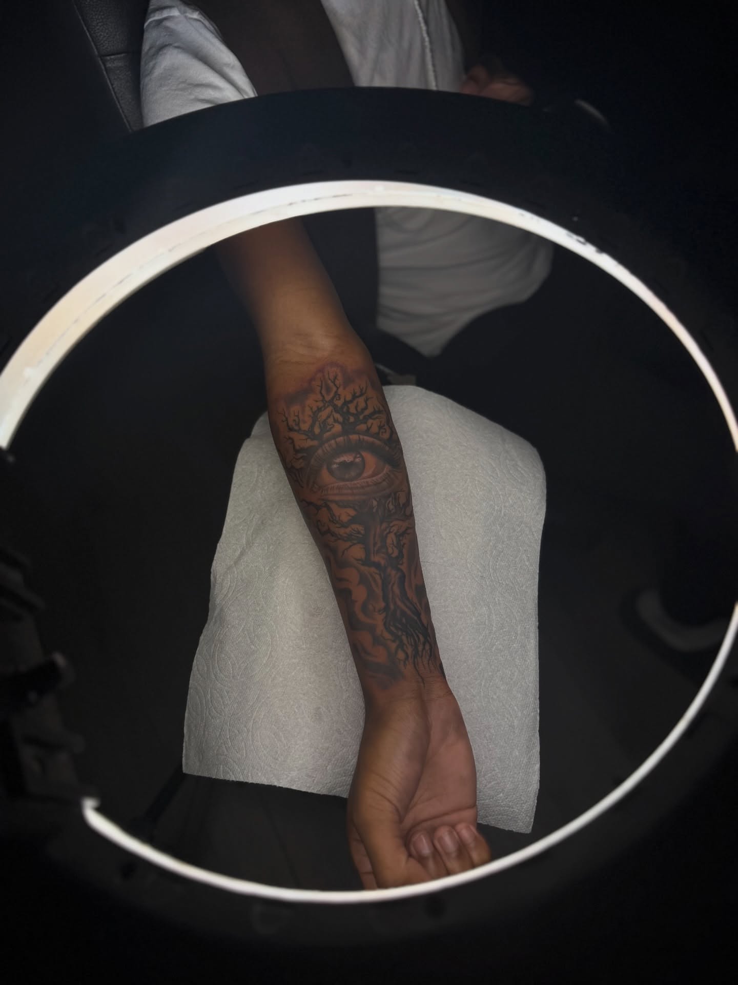 Eye and tree neo-traditional tattoo on the forearm by Los Angeles Tattoo Artist