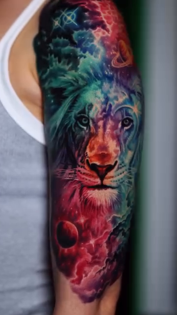 Lion in space realism tattoo by Bobby Cupparo