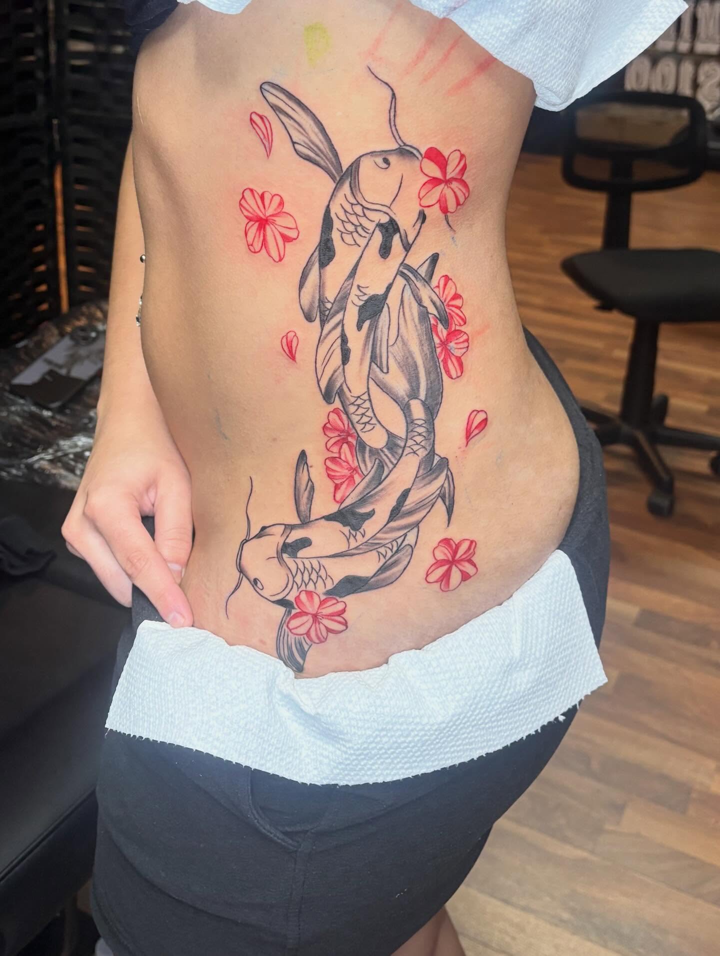 Koi fish and cherry blossoms japanese irezumi tattoo on the torso by 𓂀 𝕊ℍ𝔼𝕃𝕃𝕐 𓂀