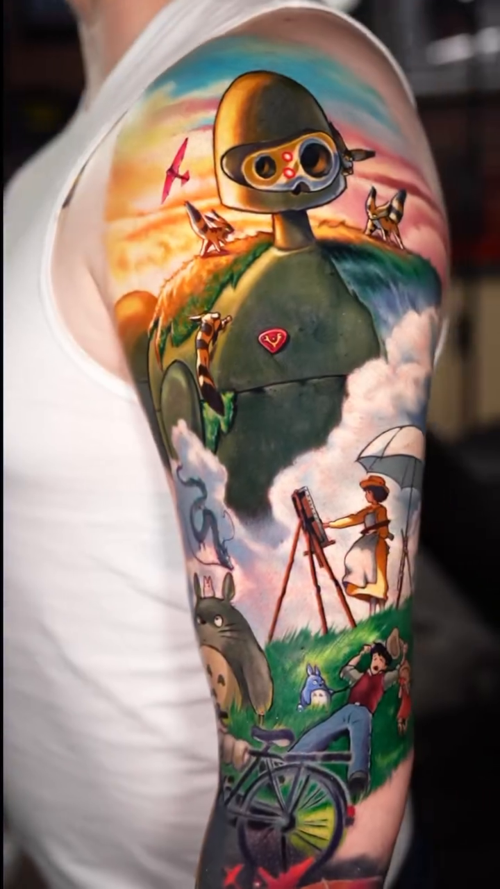 Robot and children anime tattoo by Ben Ochoa