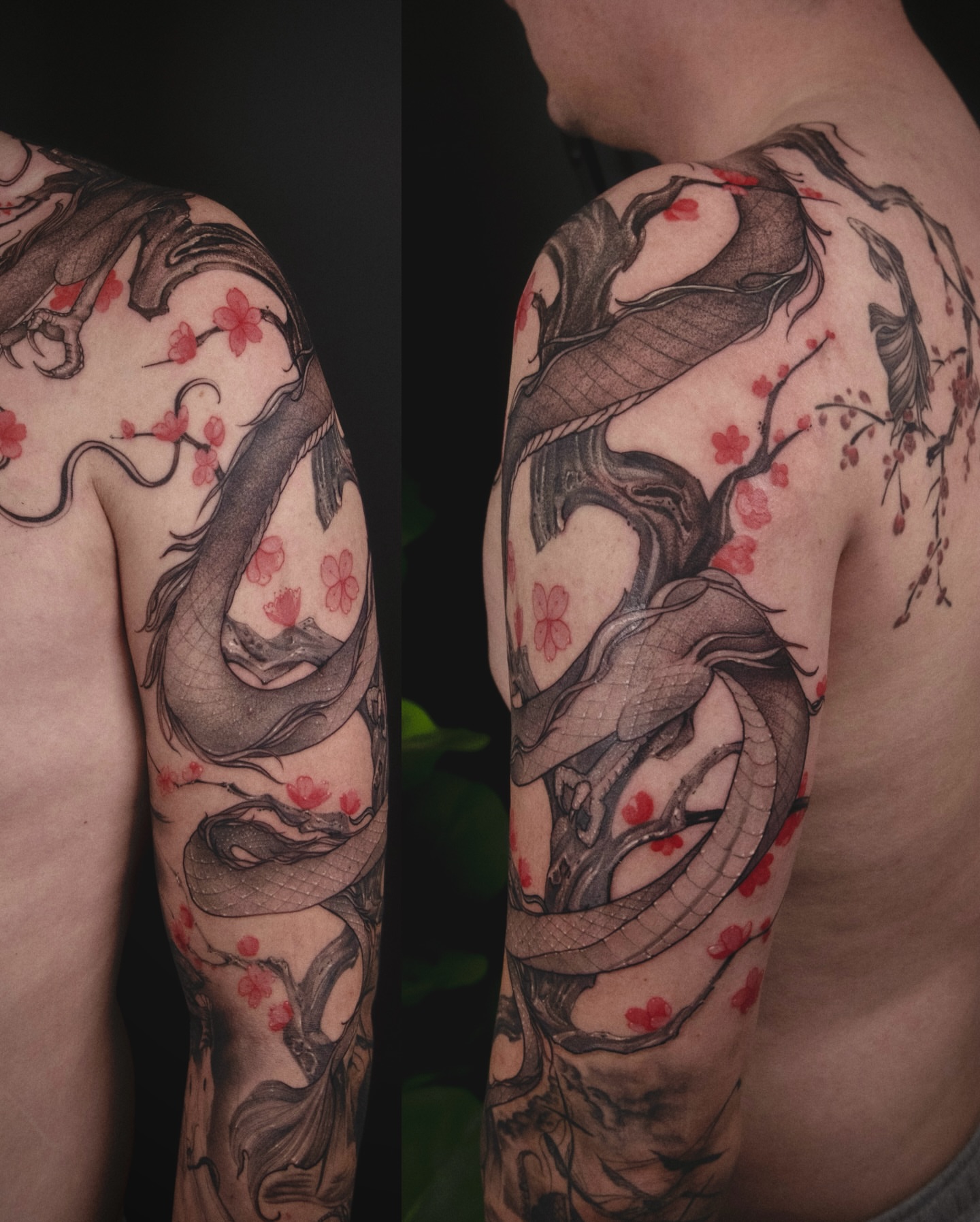 Dragon and cherry blossoms japanese irezumi tattoo on the shoulder by Wong Lee