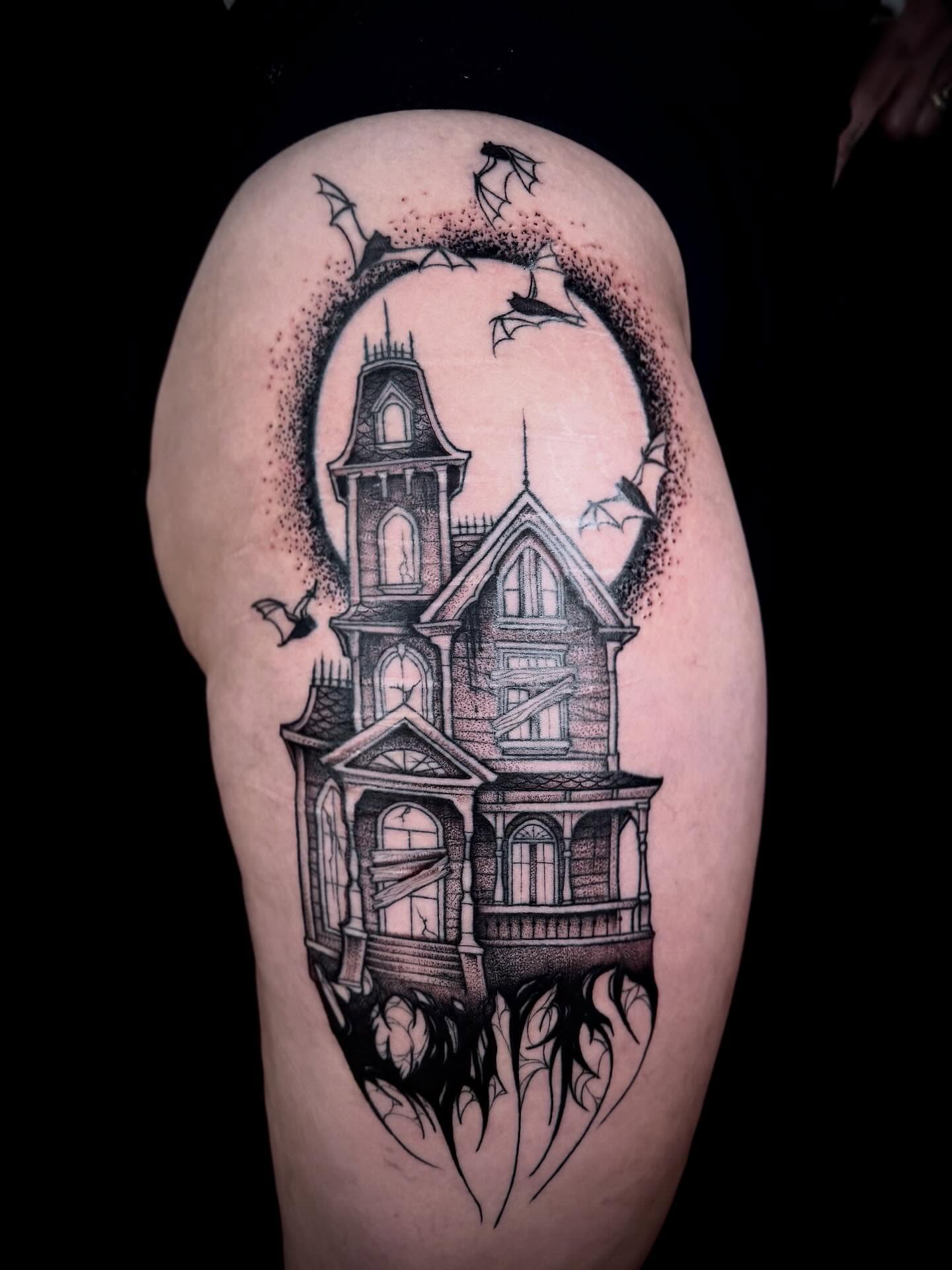 Haunted house dotwork tattoo on the thigh by 🏵