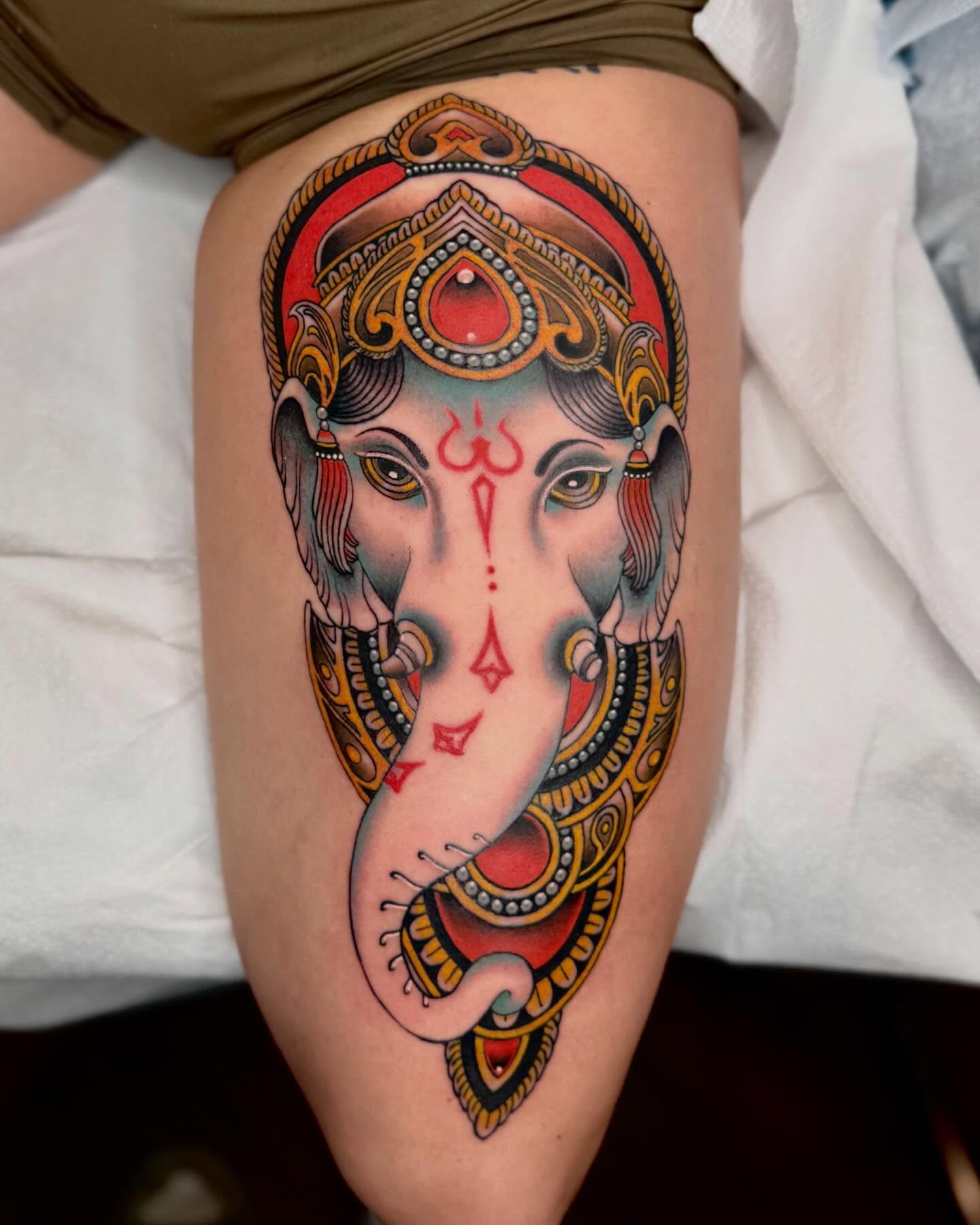 Ganesha American traditional tattoo on the thigh by Curtis Stairs, Seattle, Washington