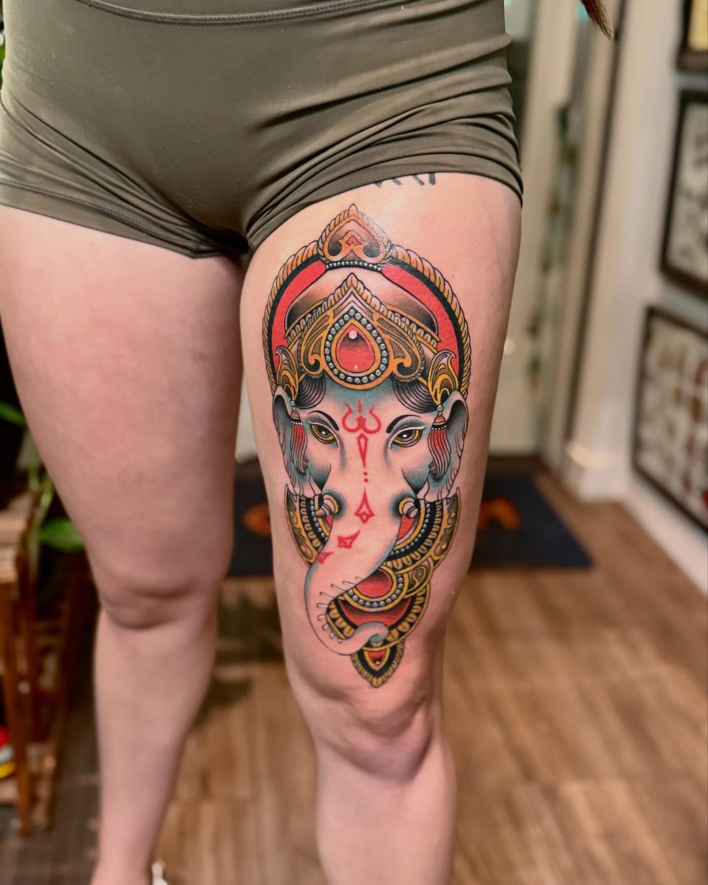 Ganesha new school tattoo on the thigh by Curtis Stairs, Seattle, Washington