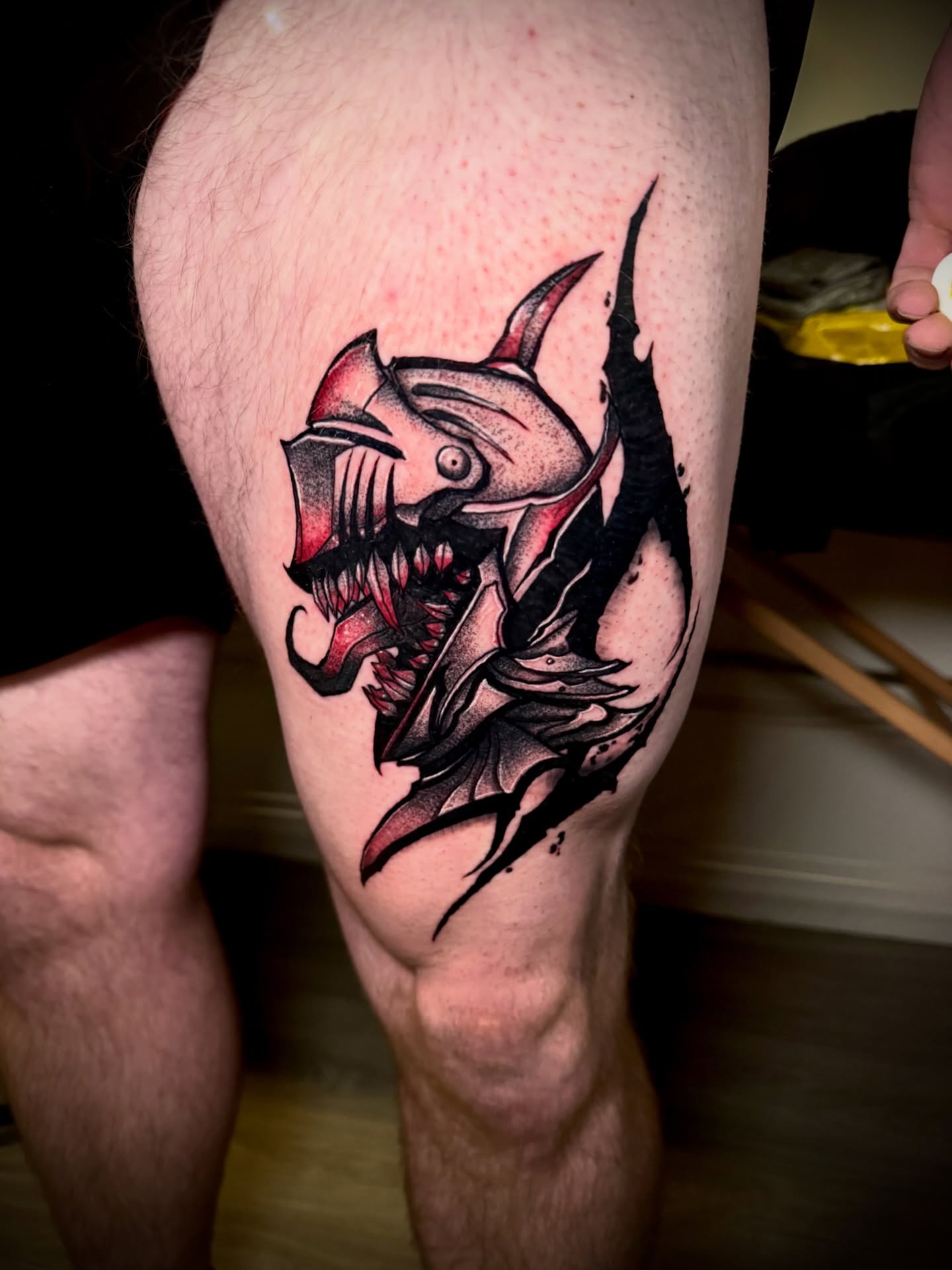 Shark dark realism tattoo on the thigh by 𖤐Dillon𖤐