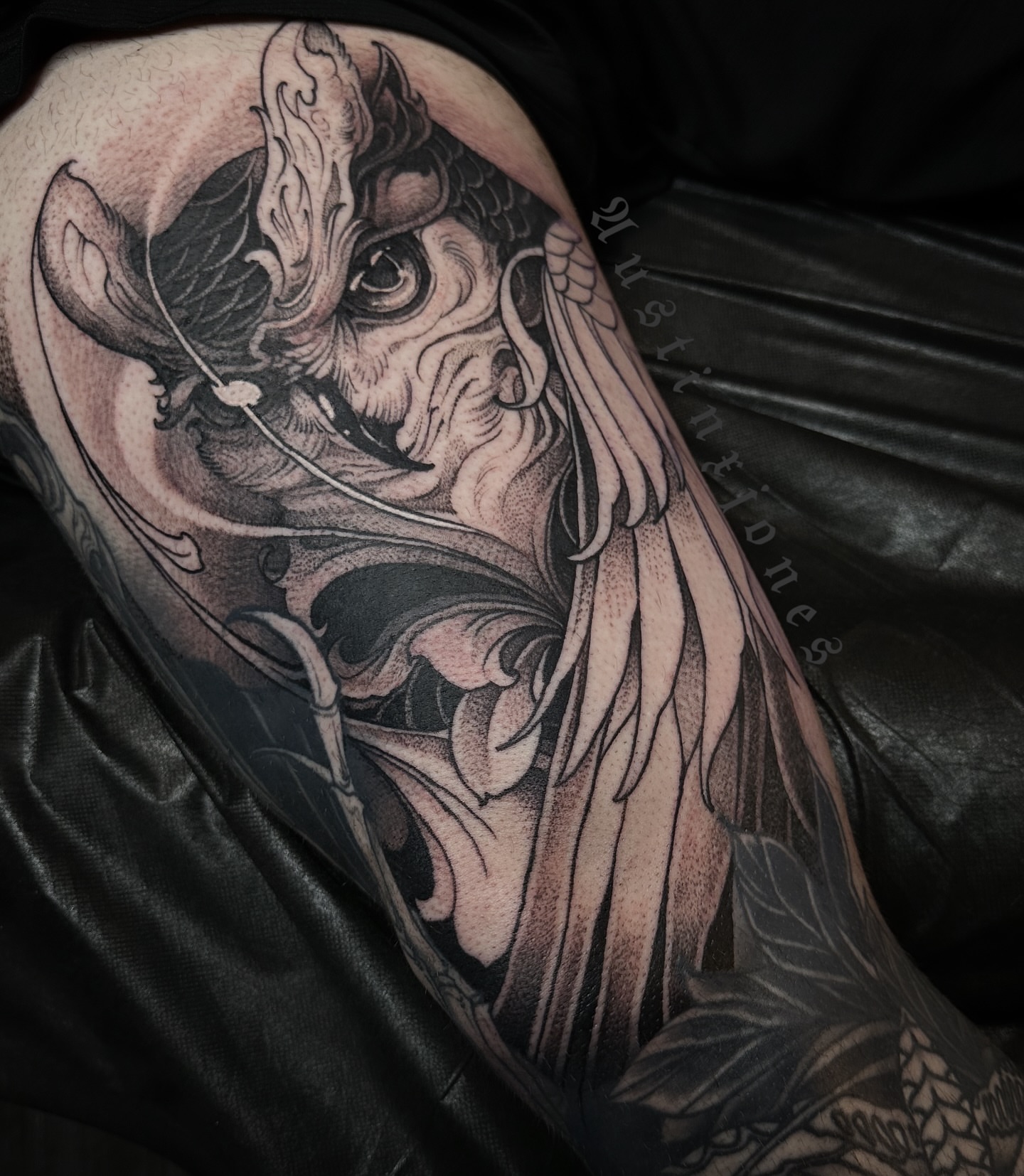 Demon dark realism tattoo on the thigh by 👻✦ 🅐🅤🅢🅣🅘🅝🅧🅙🅞🅝🅔🅢 ✦👻