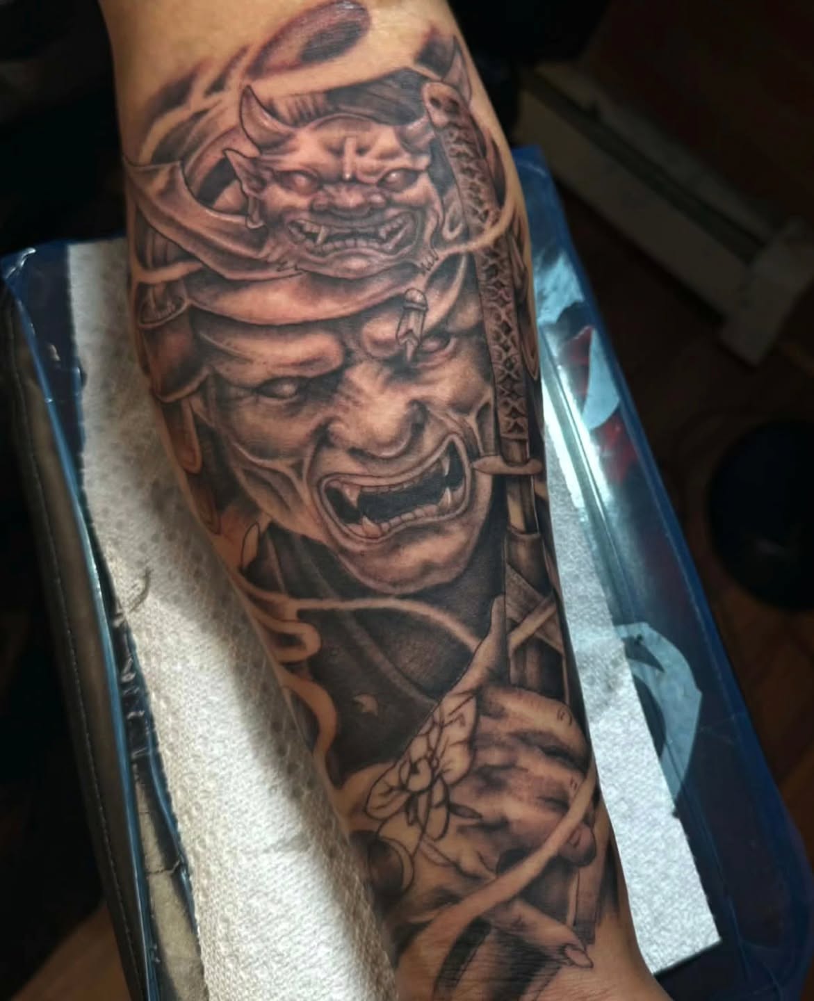 Demon warrior dark realism tattoo on the forearm by Marvin Osorno