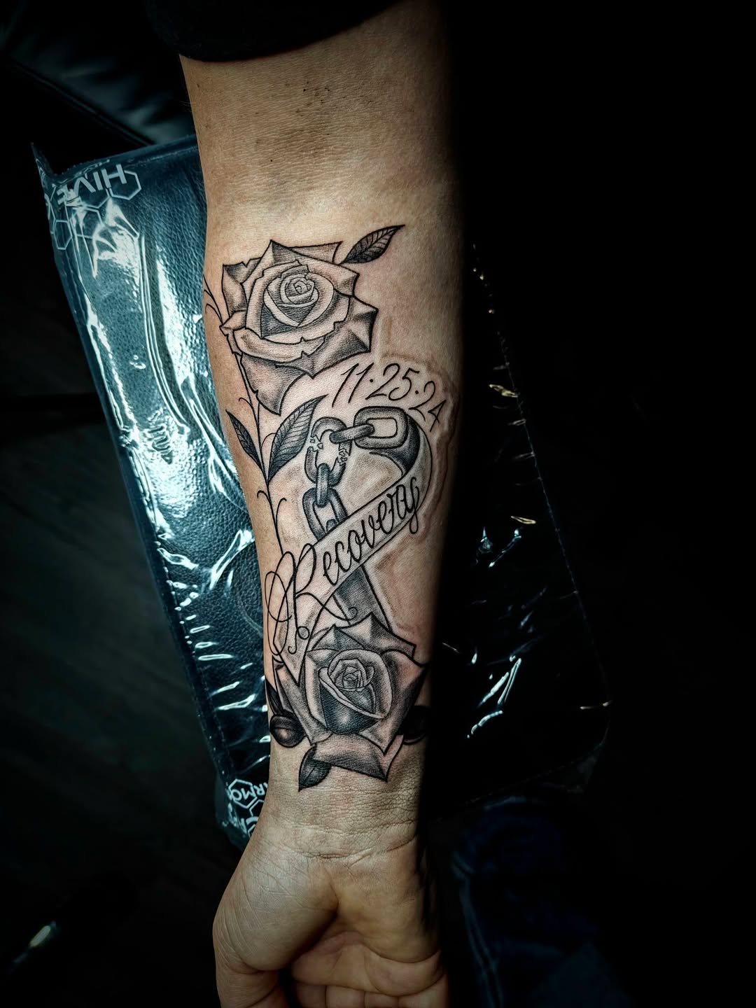 Tattoo by @creepybeazily — black_and_grey, lettering_script