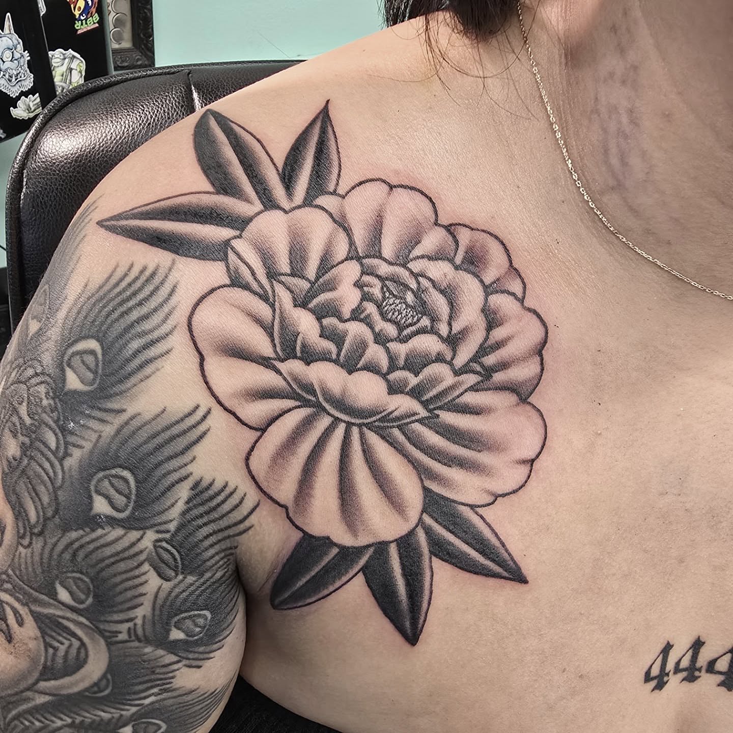 Peony flower black and grey tattoo on the shoulder by Tattoo Artist, Orange, California