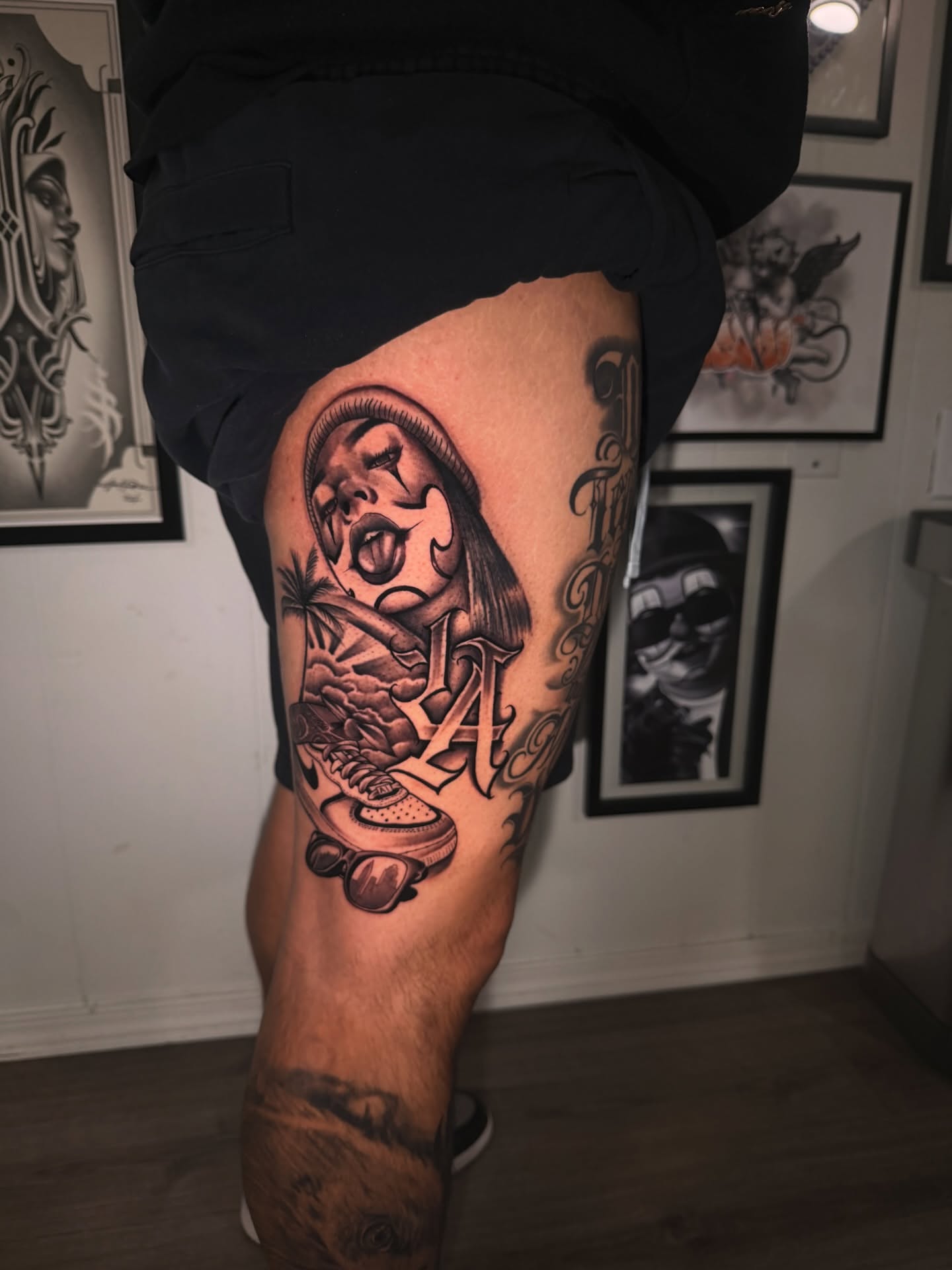 Skateboarder American traditional tattoo on the thigh by Danny Vazquez
