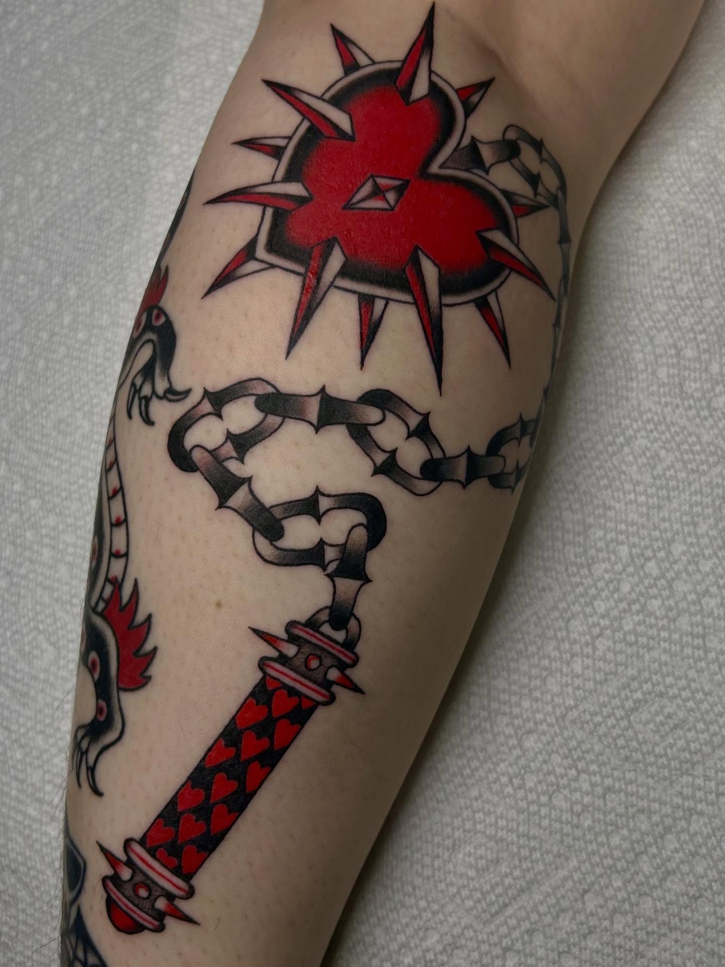 Heart with spikes American traditional tattoo on the forearm by ☻ darby robertson ☻
