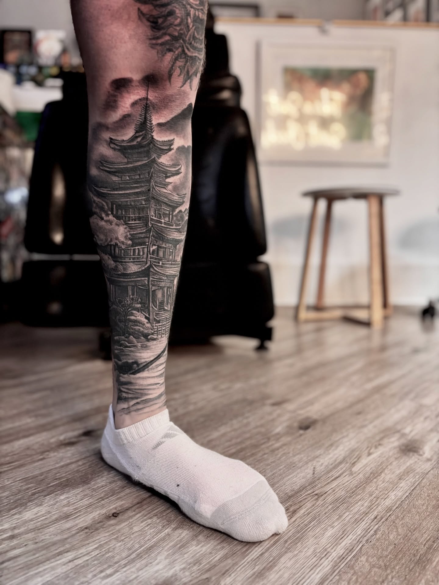 Tower realism tattoo on the calf by Ruth Ormsby-Ashworth