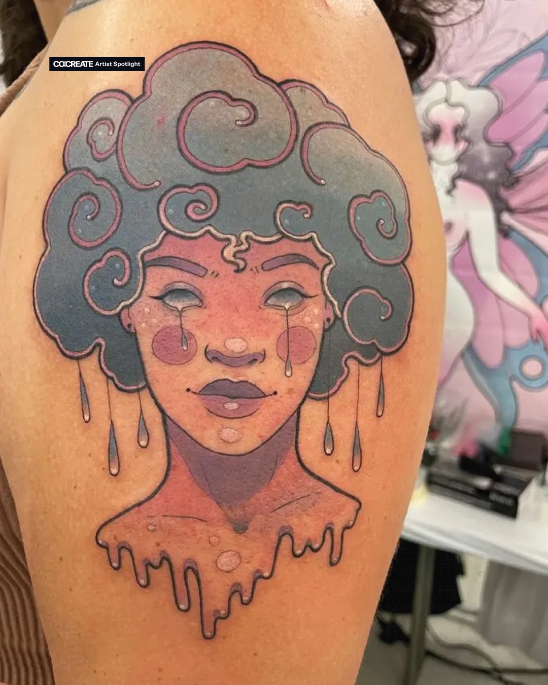Cloudy afro woman new school tattoo on the shoulder by Tanya Murski