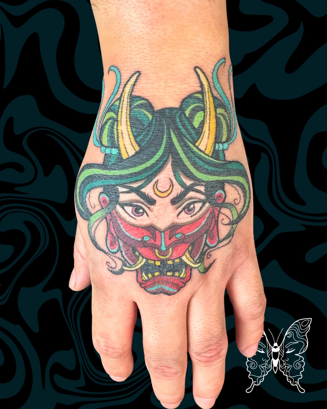 Demon mask japanese irezumi tattoo on the hand by Nicci