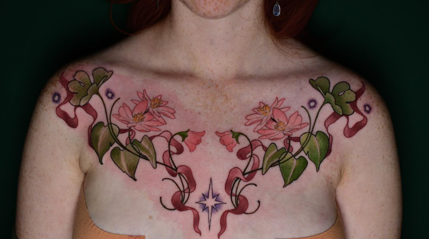 Floral arrangement new school tattoo on the chest by Karina πΌ Orange County Tattoo Artist