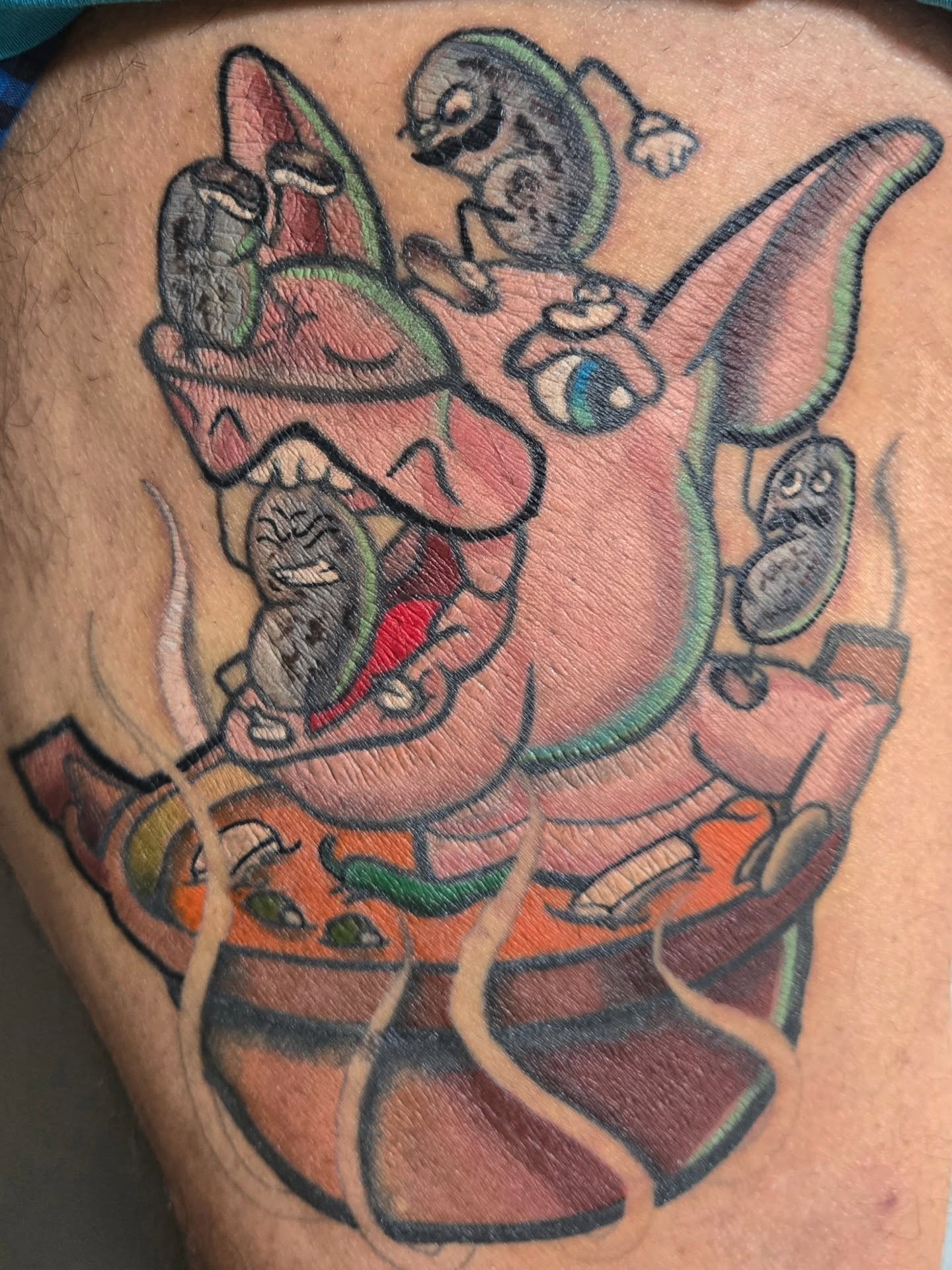 Pig with potatoes American traditional tattoo on the thigh by Jose G. Rubio Tattoo Artist πΊπ²ππ¨π¦
