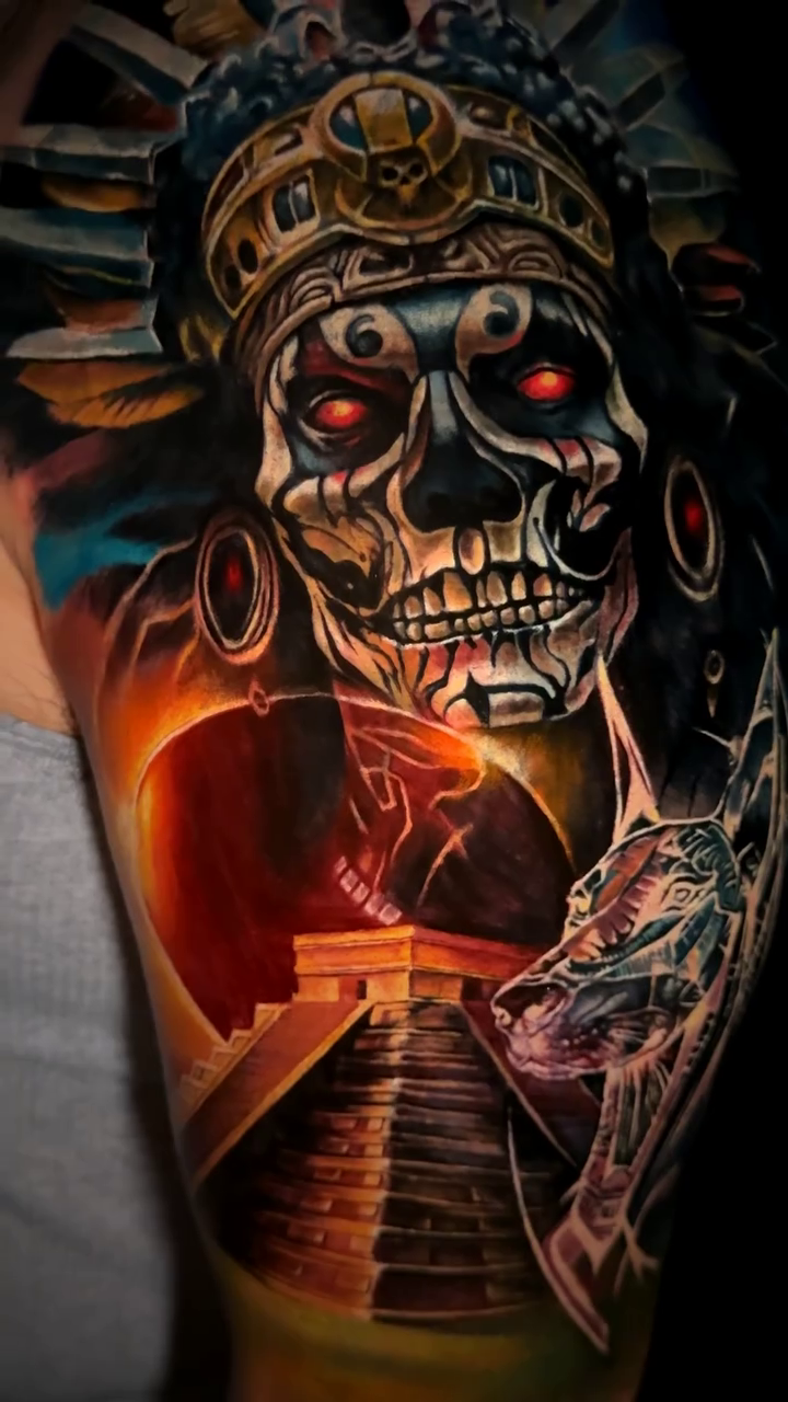 Aztec skull warrior and pyramid realism tattoo by Noelin Wheeler