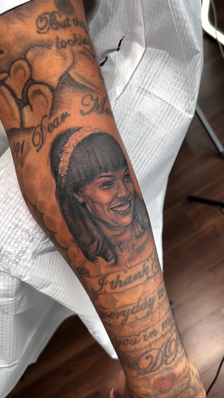Portrait of a woman with script realism tattoo by Montreal Tattoo Artist