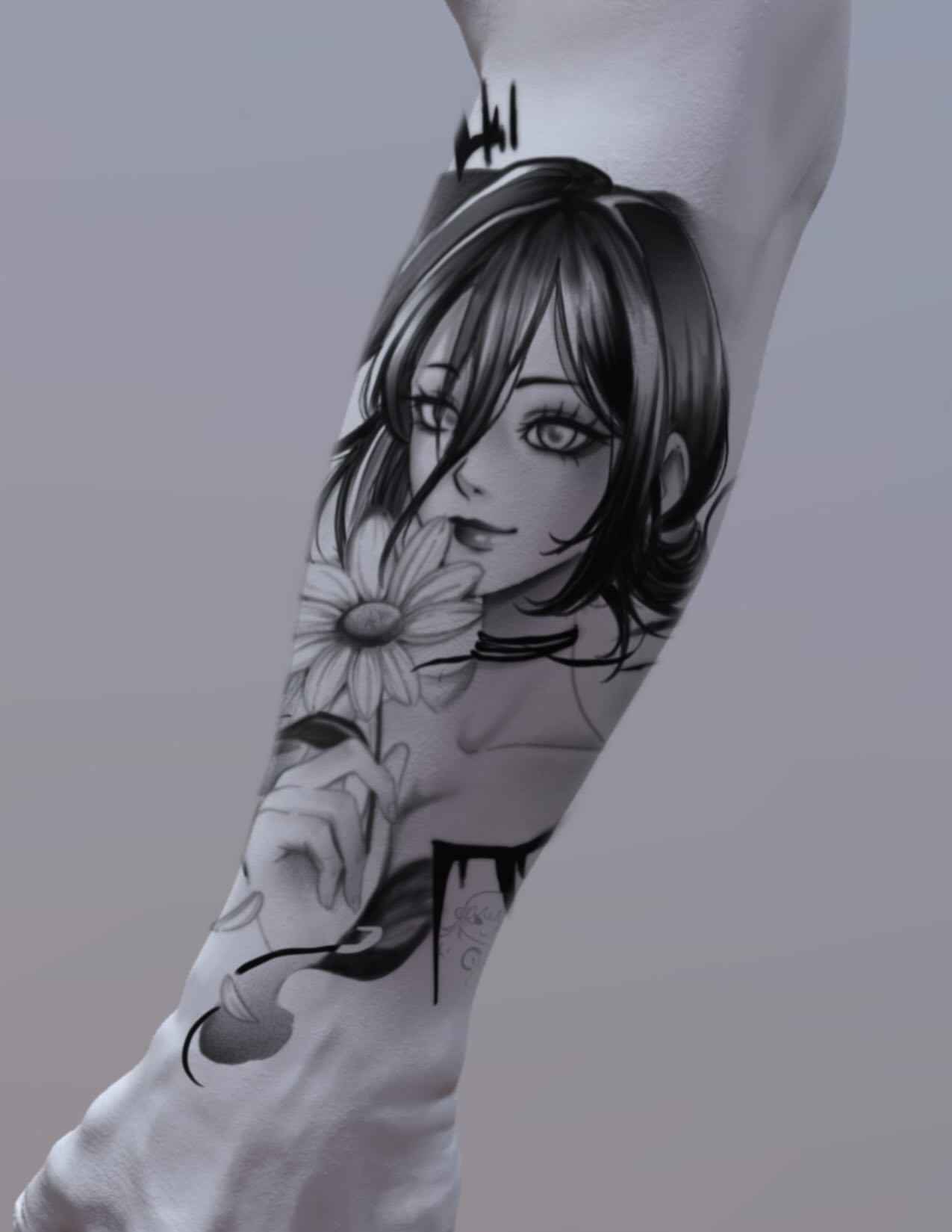 Tattoo by @celynity — anime, black_and_grey