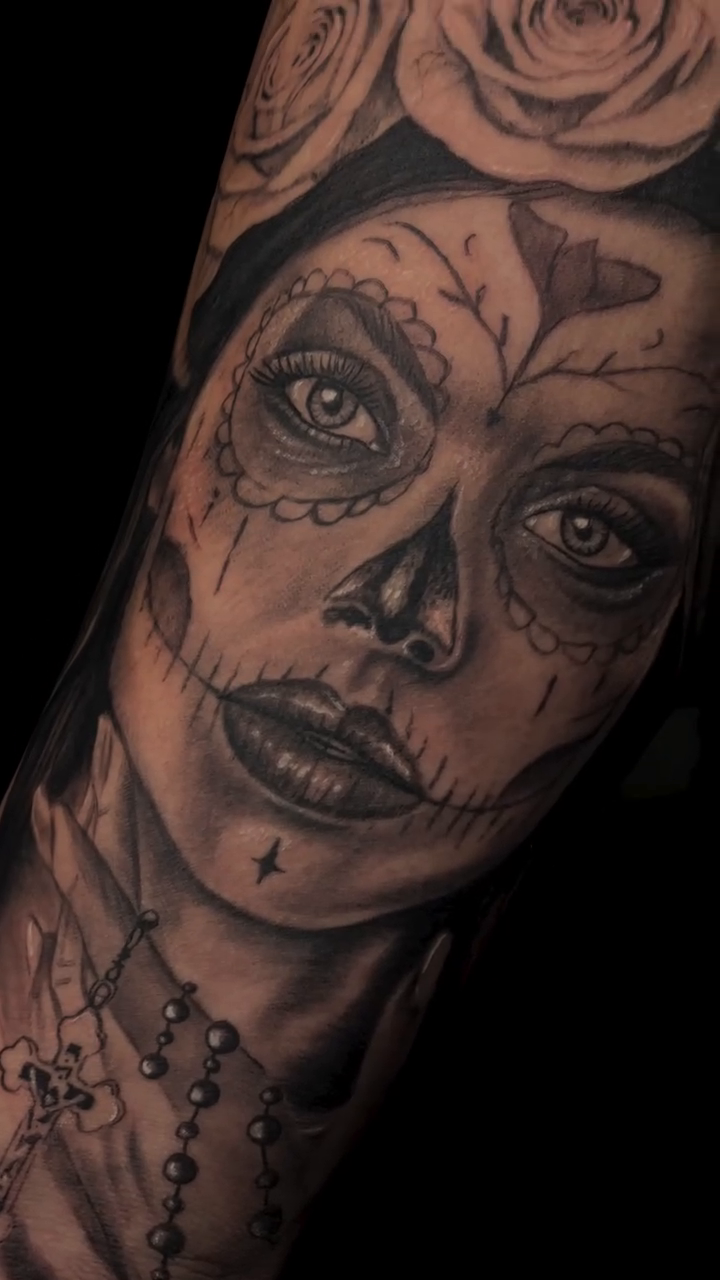 Day of the Dead woman realism tattoo by Romi Utah Tattoo