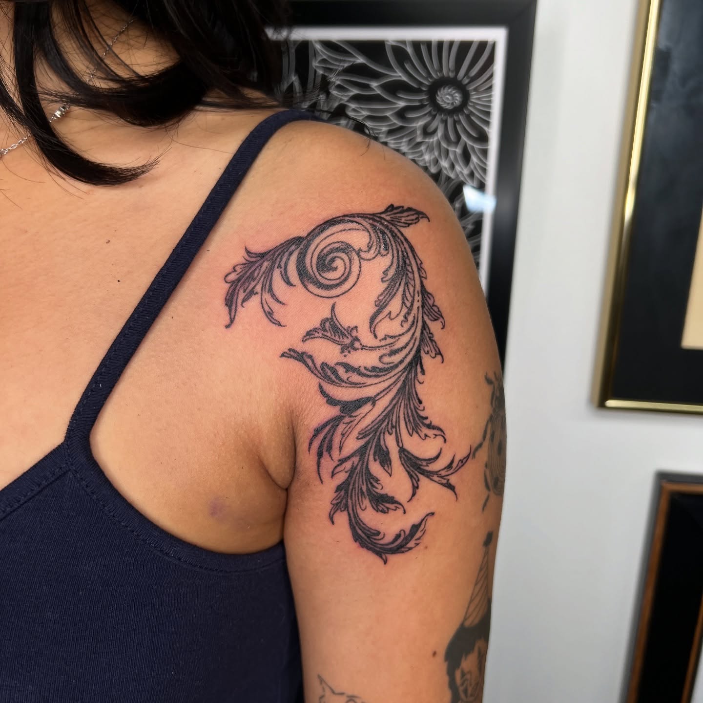 Scrollwork ornamental tattoo on the shoulder by @syrenbier, San Francisco, California