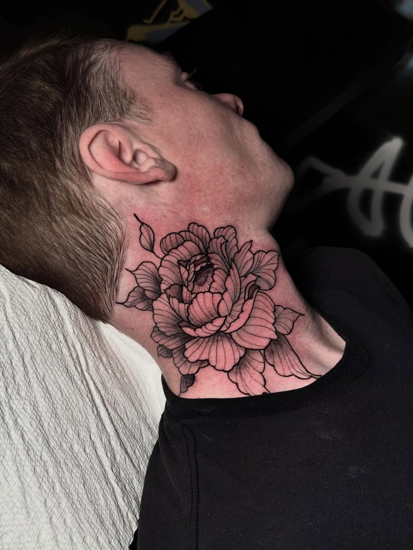 Peony black and grey tattoo on the neck by Kbtattz