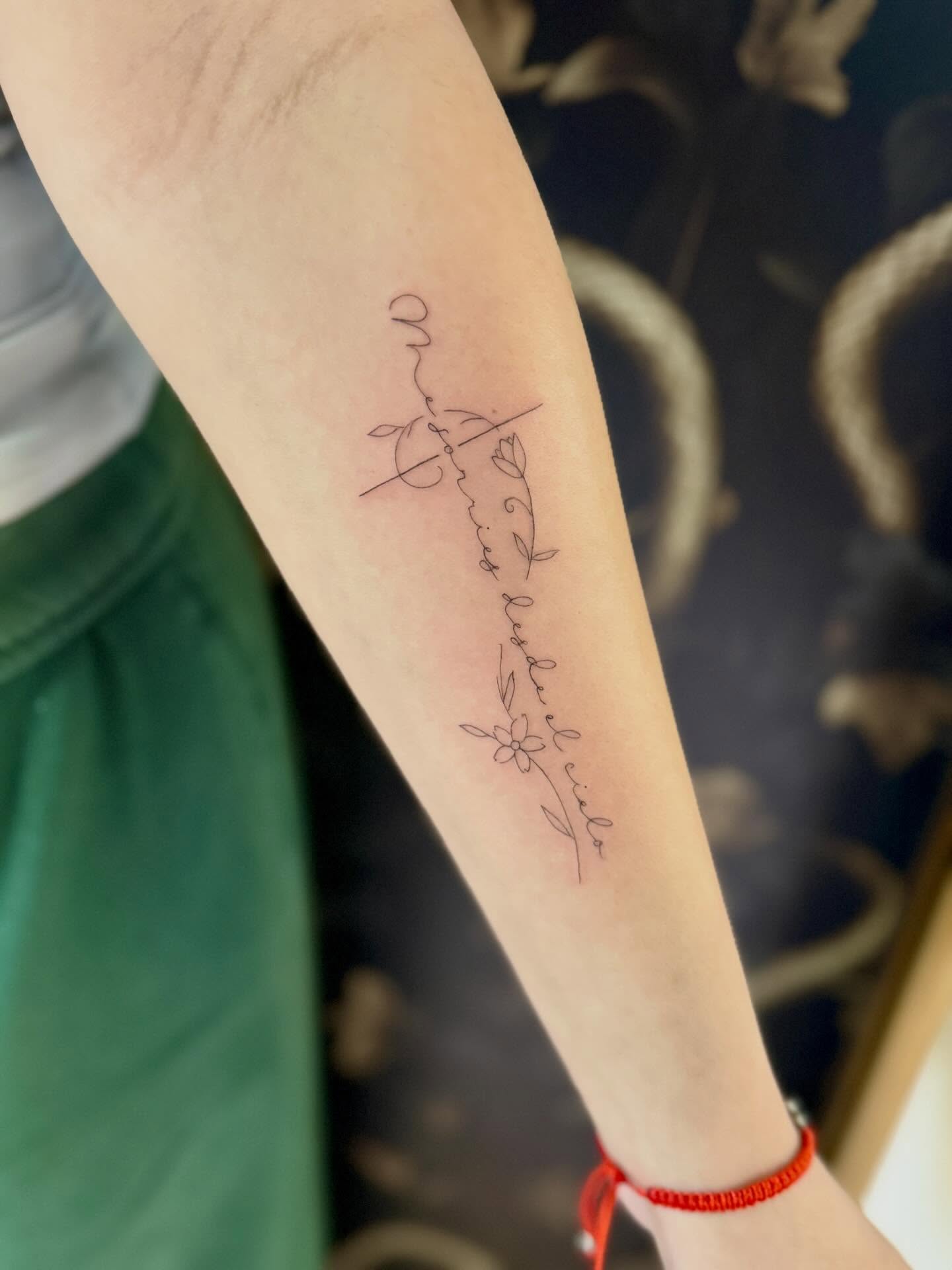 Script lettering fine line tattoo on the forearm by Fineline Tattoos π€ Hailey L.