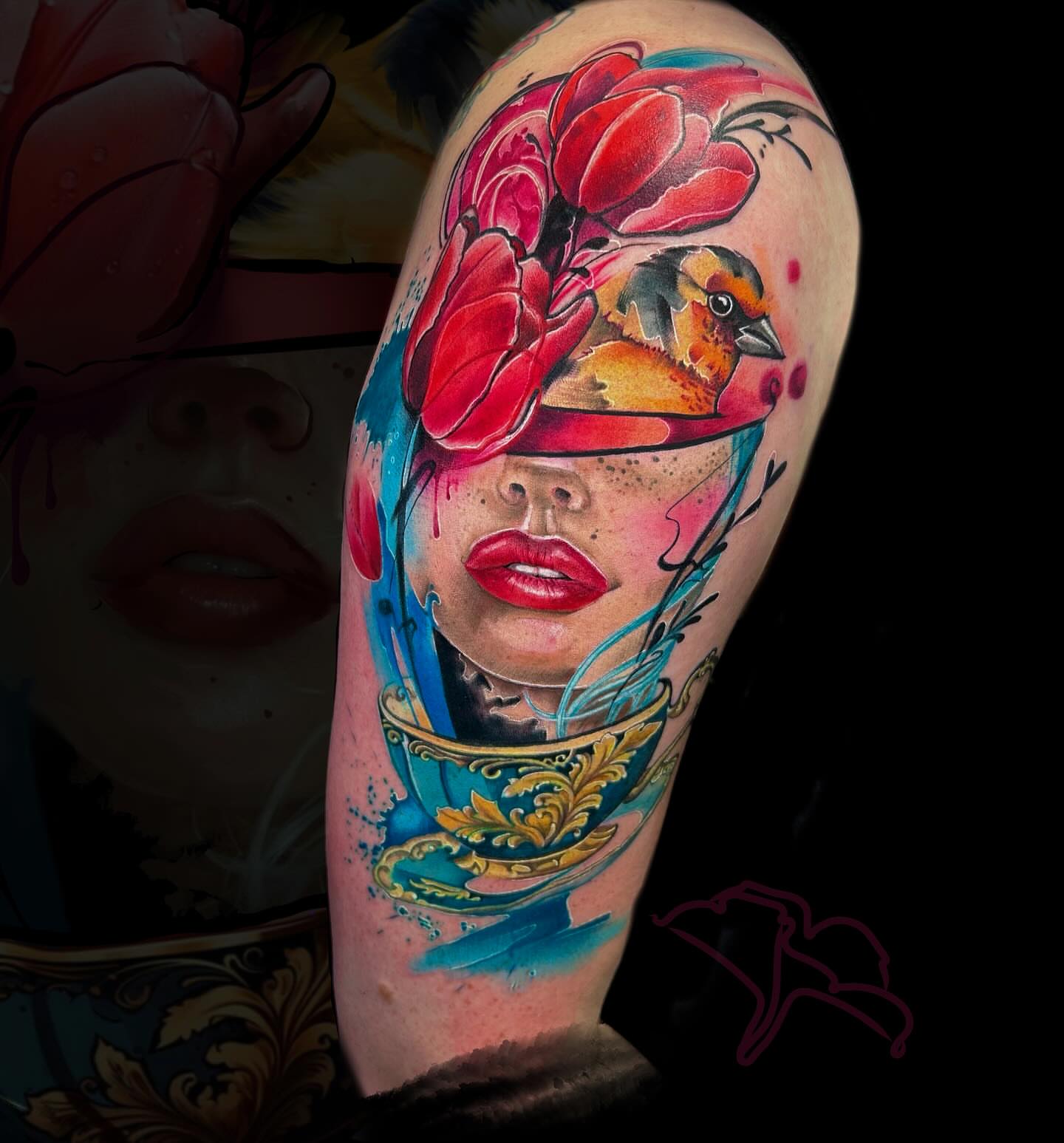 Woman's face in teacup new school tattoo on the forearm by Aline Petunia, Los Angeles, California
