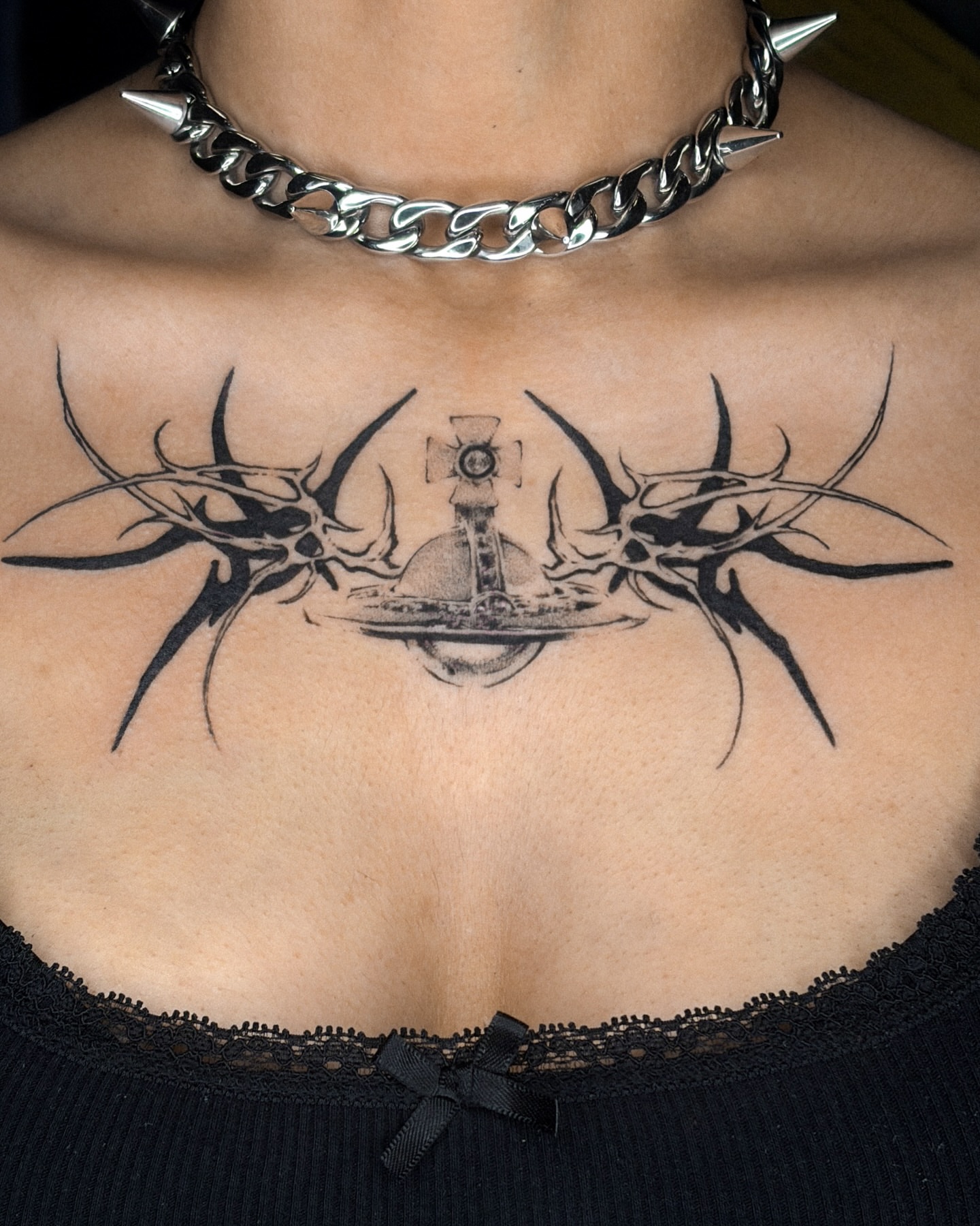 Cross and thorns black and grey tattoo on the chest by ☆ gia