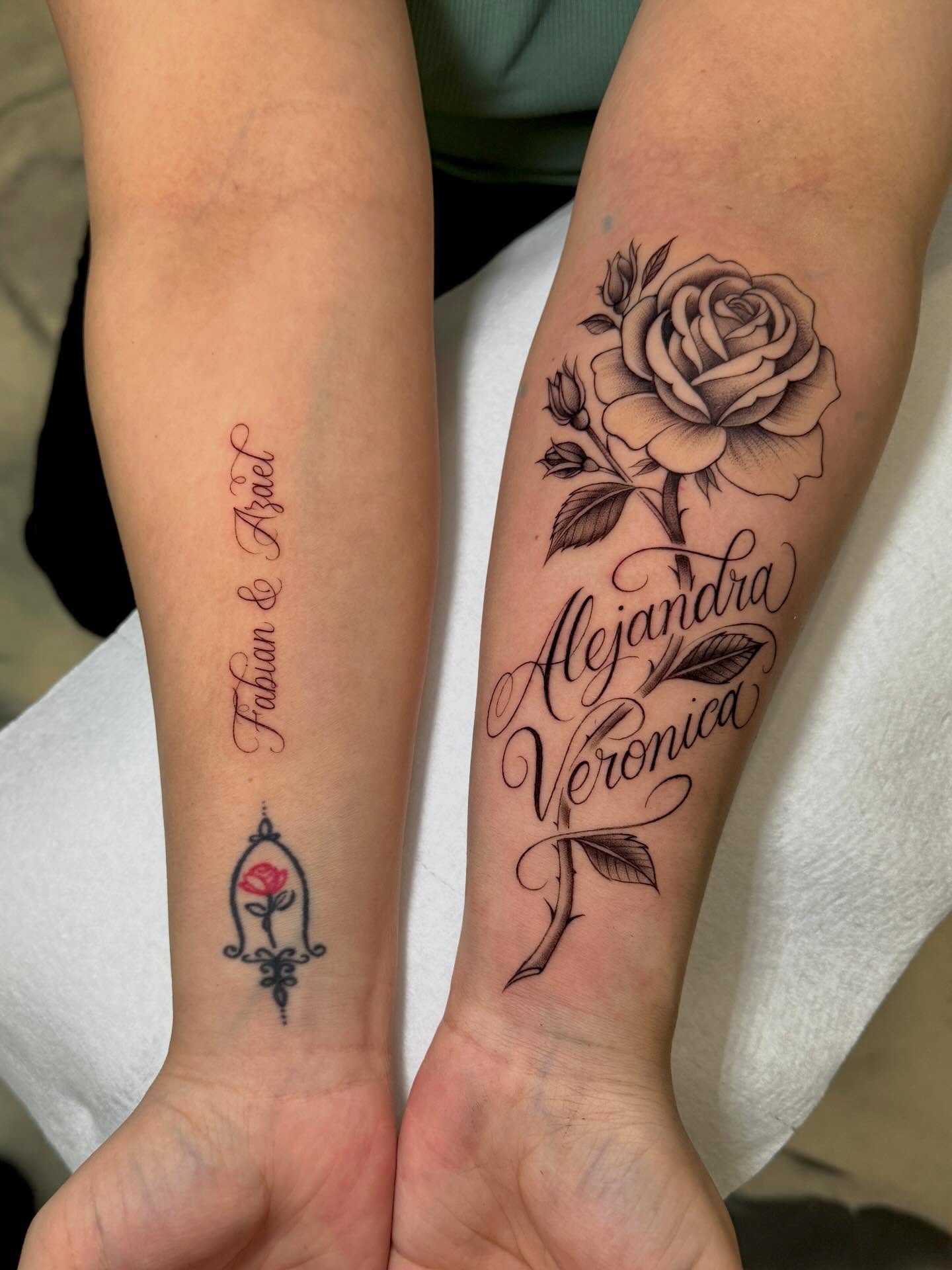 Rose and names black and grey tattoo on the forearm by Eyekonic Ink