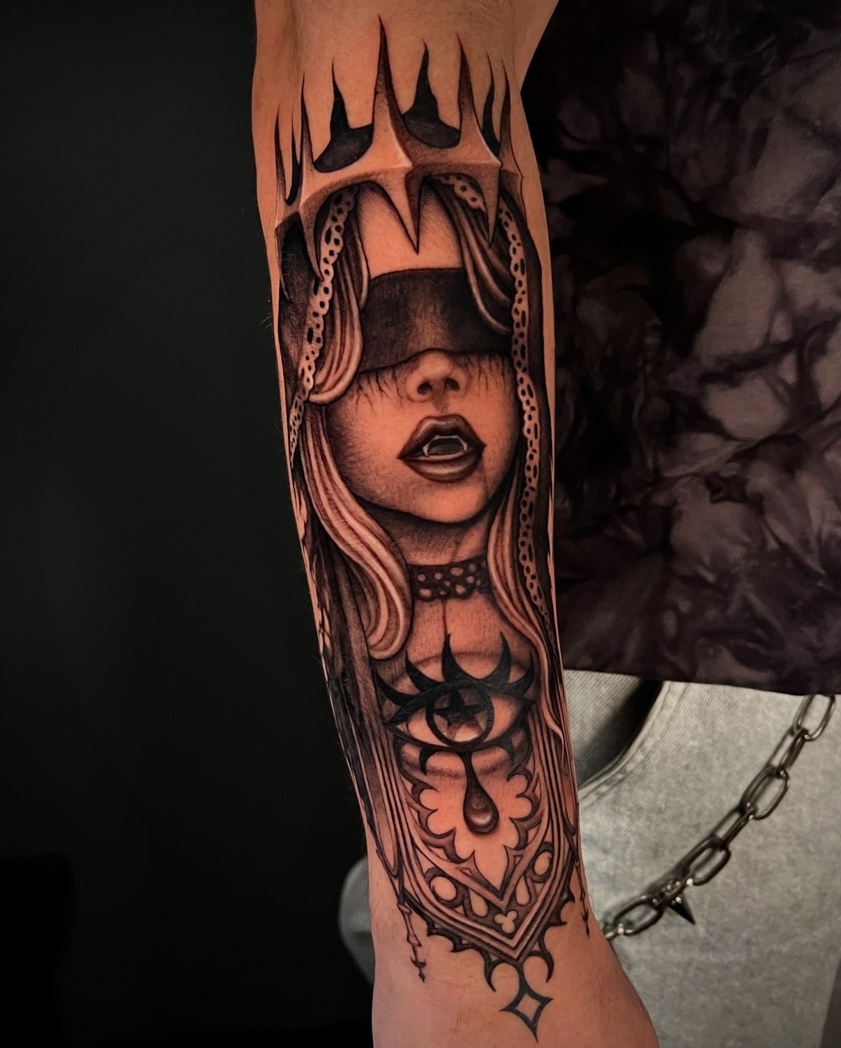 Blindfolded woman realism tattoo on the forearm by ☆ Kelly ☆