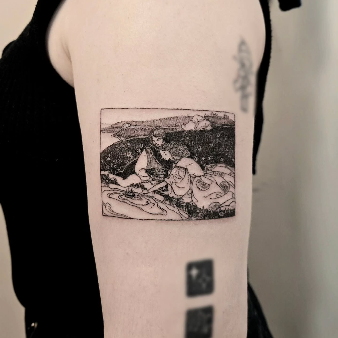 Landscape with figures black and grey tattoo on the forearm by Vintage tattoo