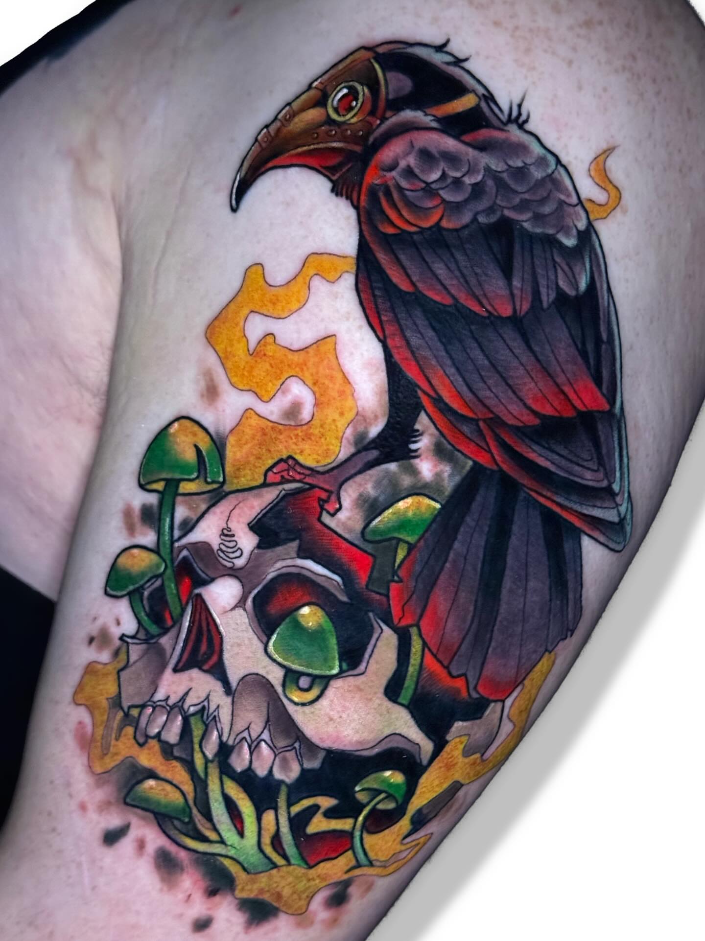 Crow and skull American traditional tattoo on the thigh by Ash Sansoucie