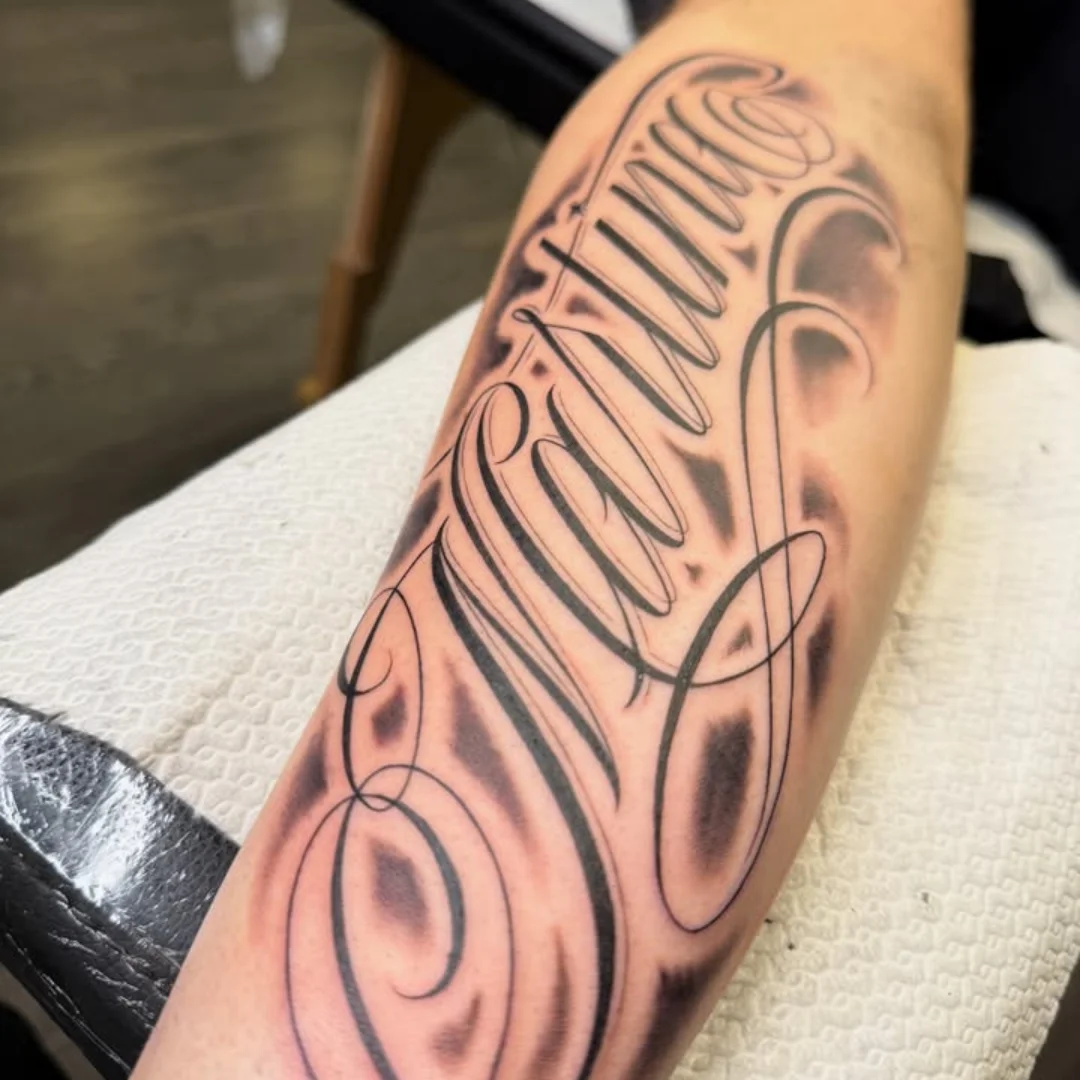 Script lettering lettering script tattoo on the forearm by ink.alchemist