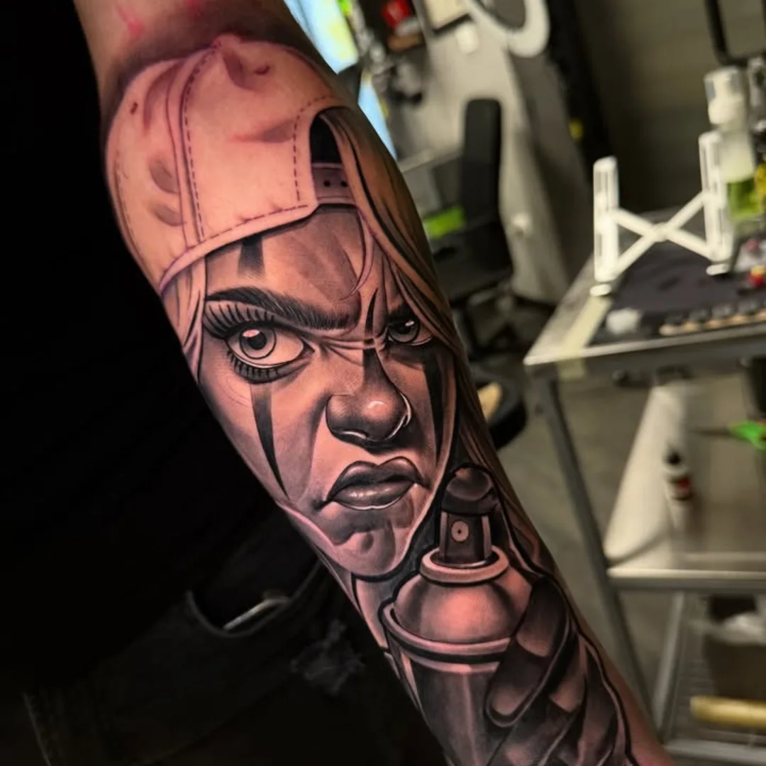Woman with spray paint can realism tattoo on the forearm by ink.alchemist