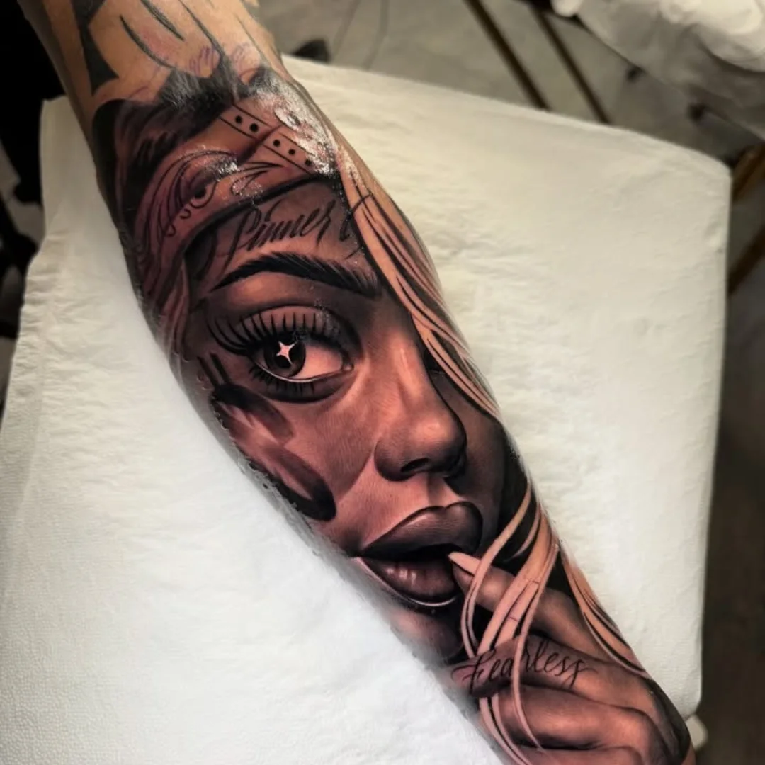 Woman's face realism tattoo on the forearm by ink.alchemist